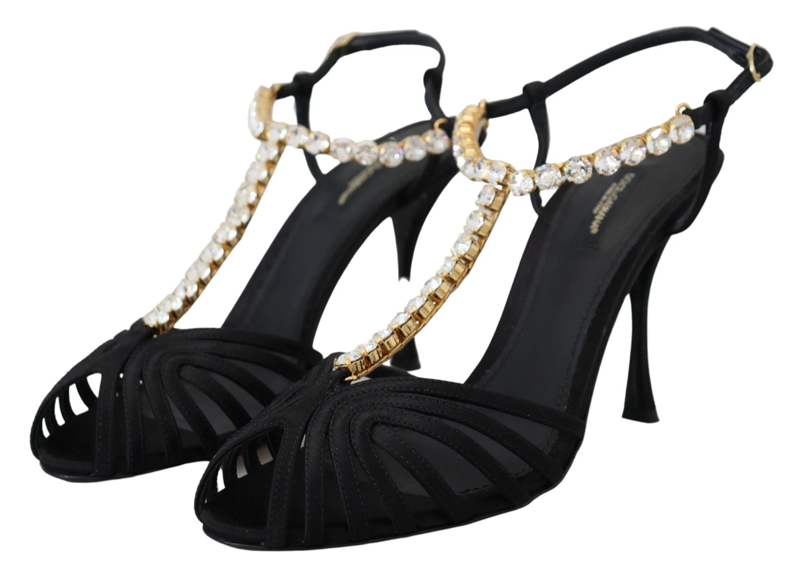Dolce & Gabbana Black Satin Clear Crystal T-strap Sandal Shoes - Sandals
