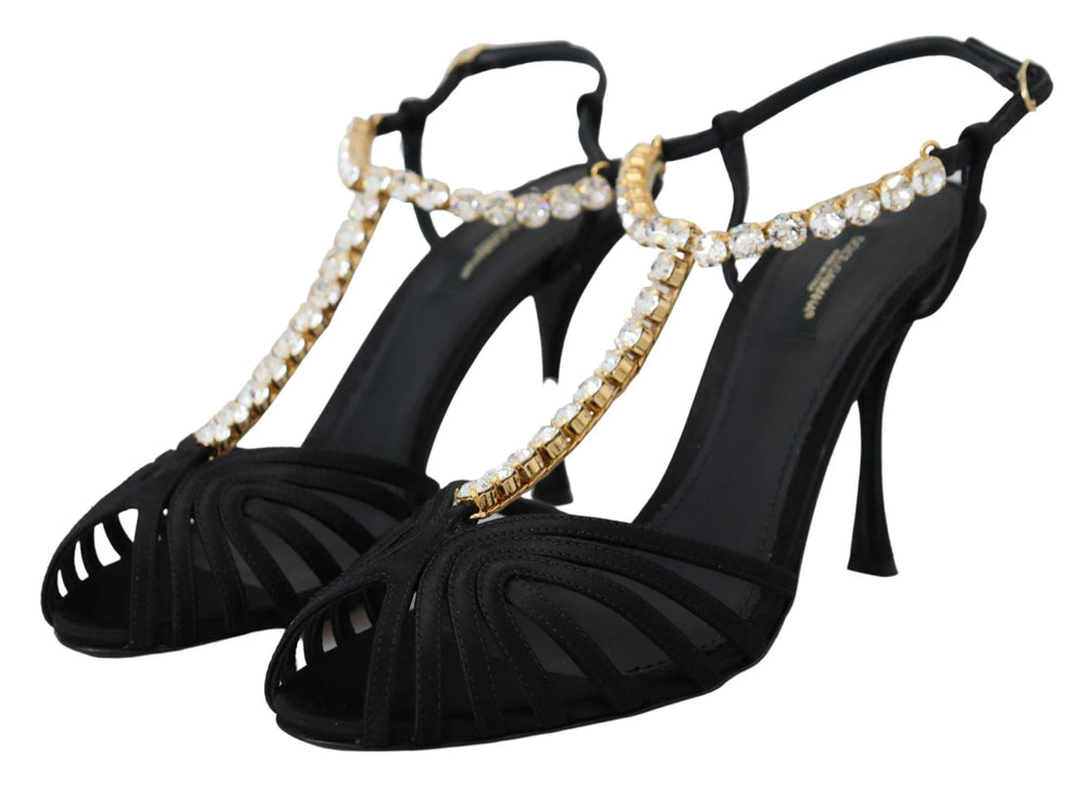 Dolce & Gabbana Black Satin Clear Crystal T-strap Sandal Shoes - Sandals