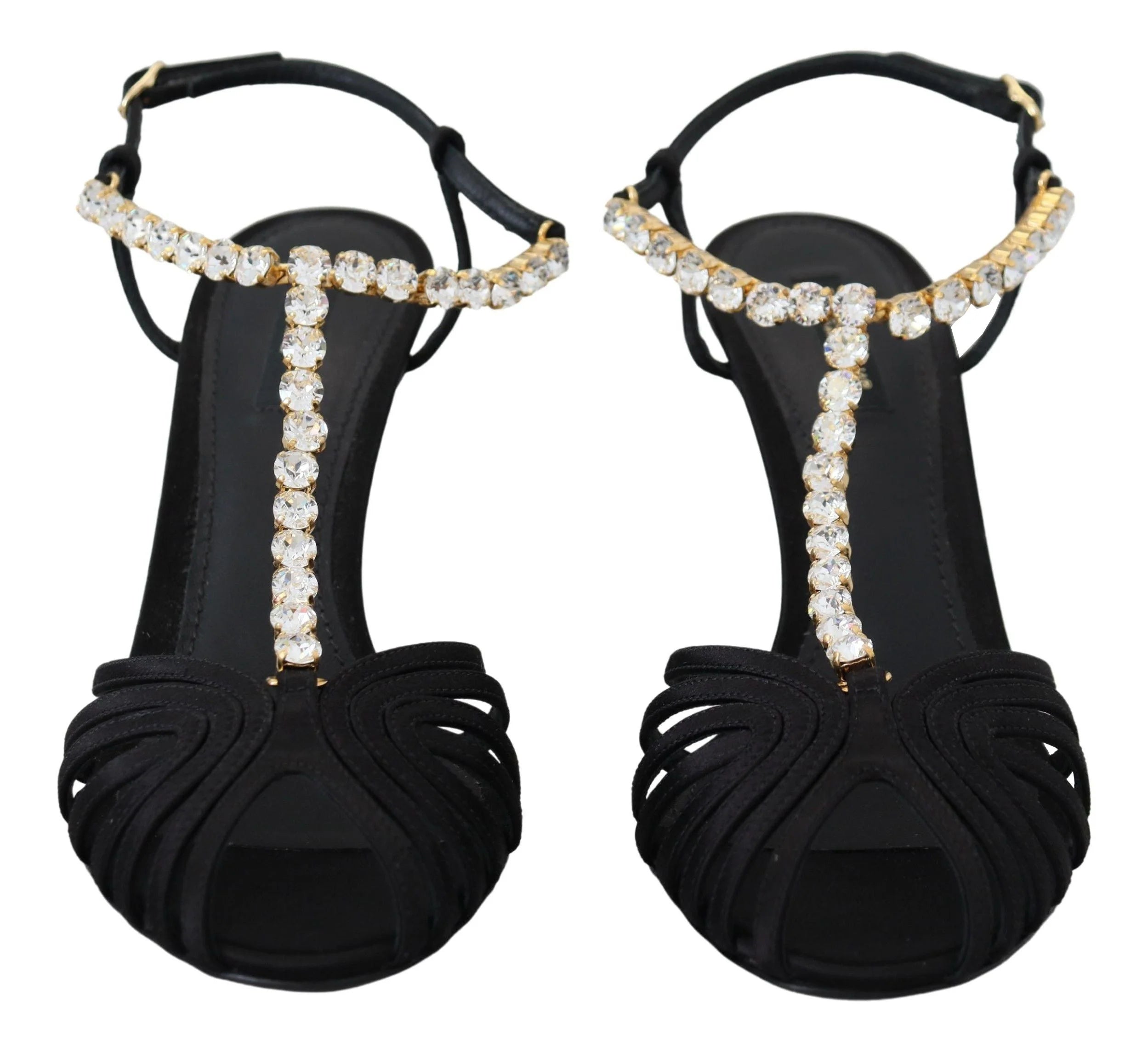 Dolce & Gabbana Black Satin Clear Crystal T-strap Sandal Shoes - Sandals