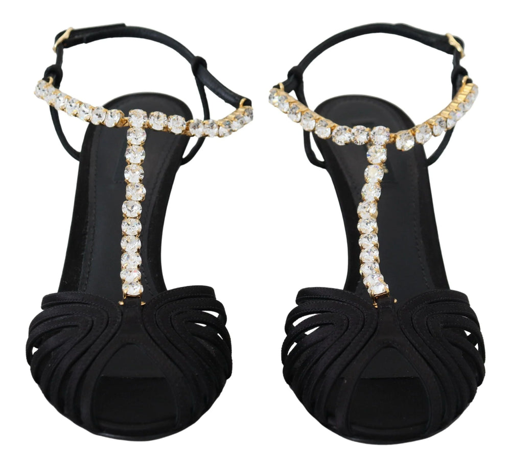 Dolce & Gabbana Black Satin Clear Crystal T-strap Sandal Shoes - Sandals