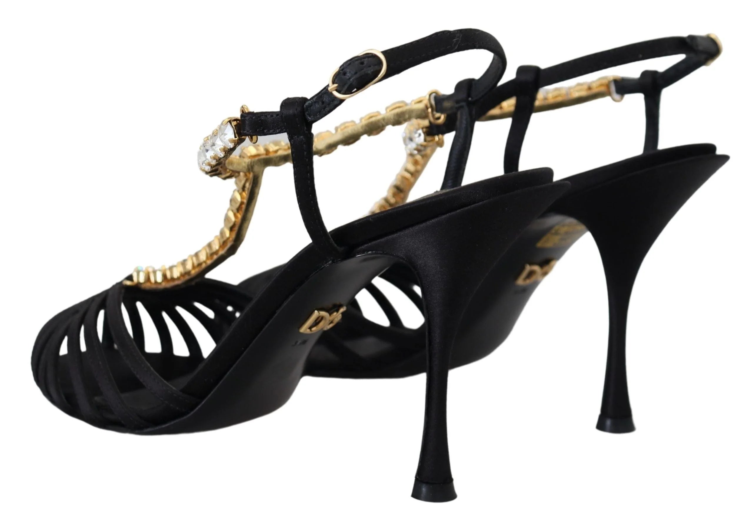 Dolce & Gabbana Black Satin Clear Crystal T-strap Sandal Shoes - Sandals