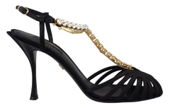 Dolce & Gabbana Black Satin Clear Crystal T-strap Sandal Shoes - Sandals