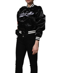 Dolce & Gabbana Black Satin Floral Embroidery Bomber Jacket