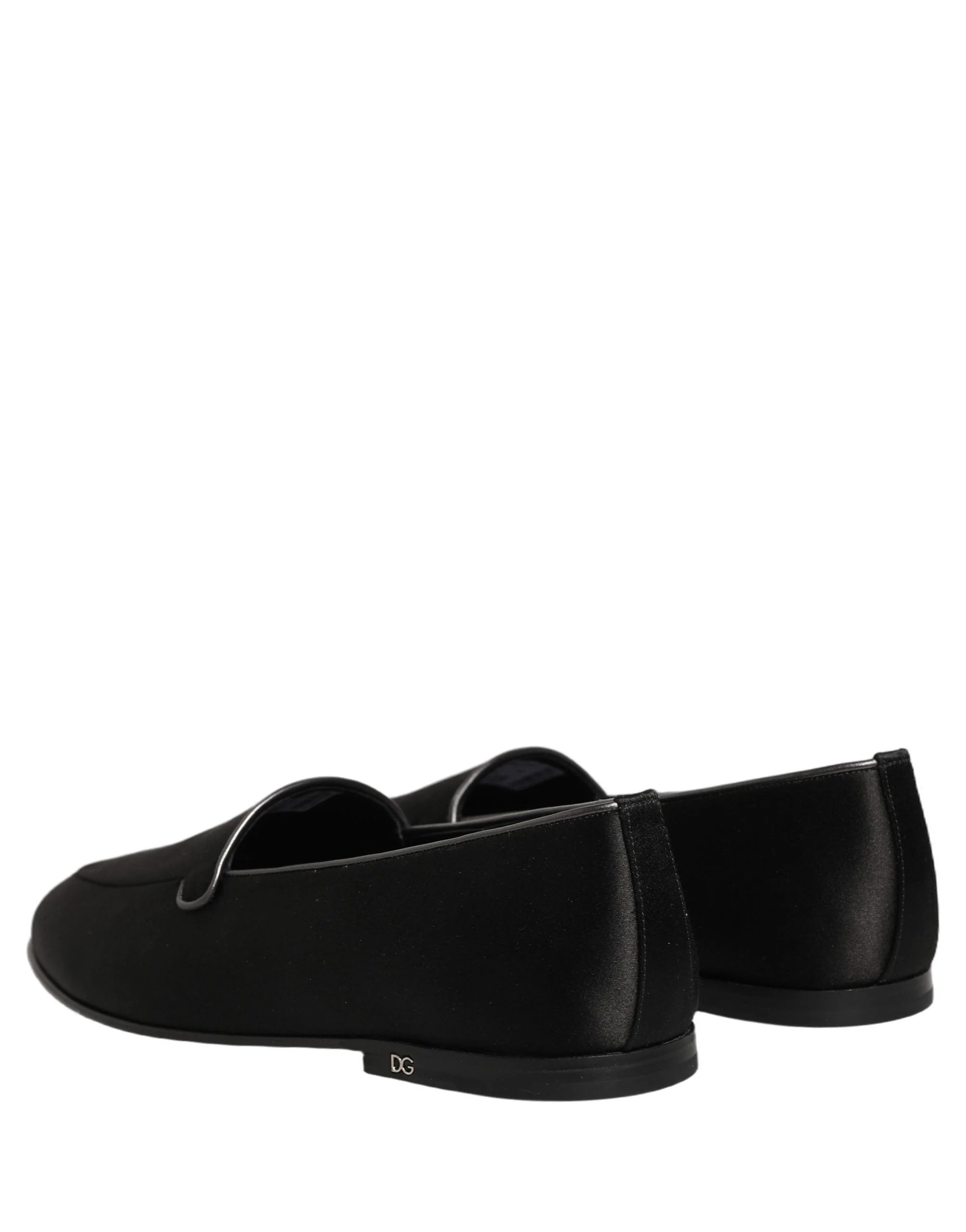 Dolce & Gabbana Black Satin Logo Slip On Flats Loafers Shoes
