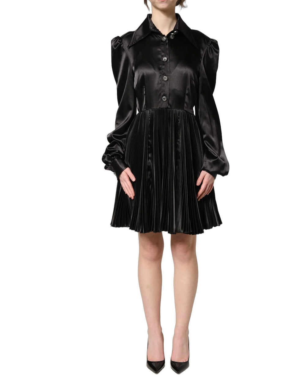 Dolce & Gabbana Black Satin Long Puff Sleeves Pleated Dress - IT40|S