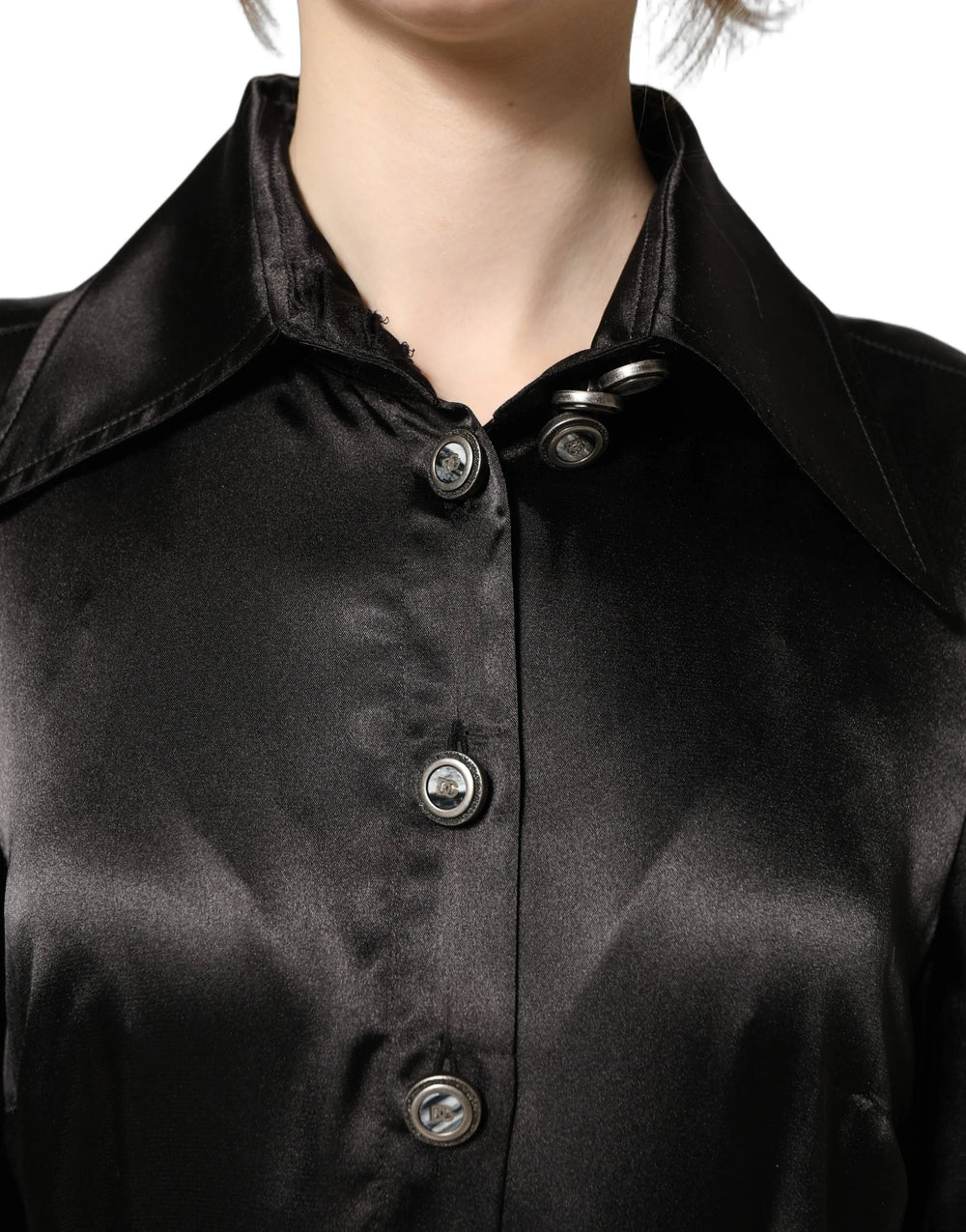 Dolce & Gabbana Black Satin Long Puff Sleeves Pleated Dress - IT40|S