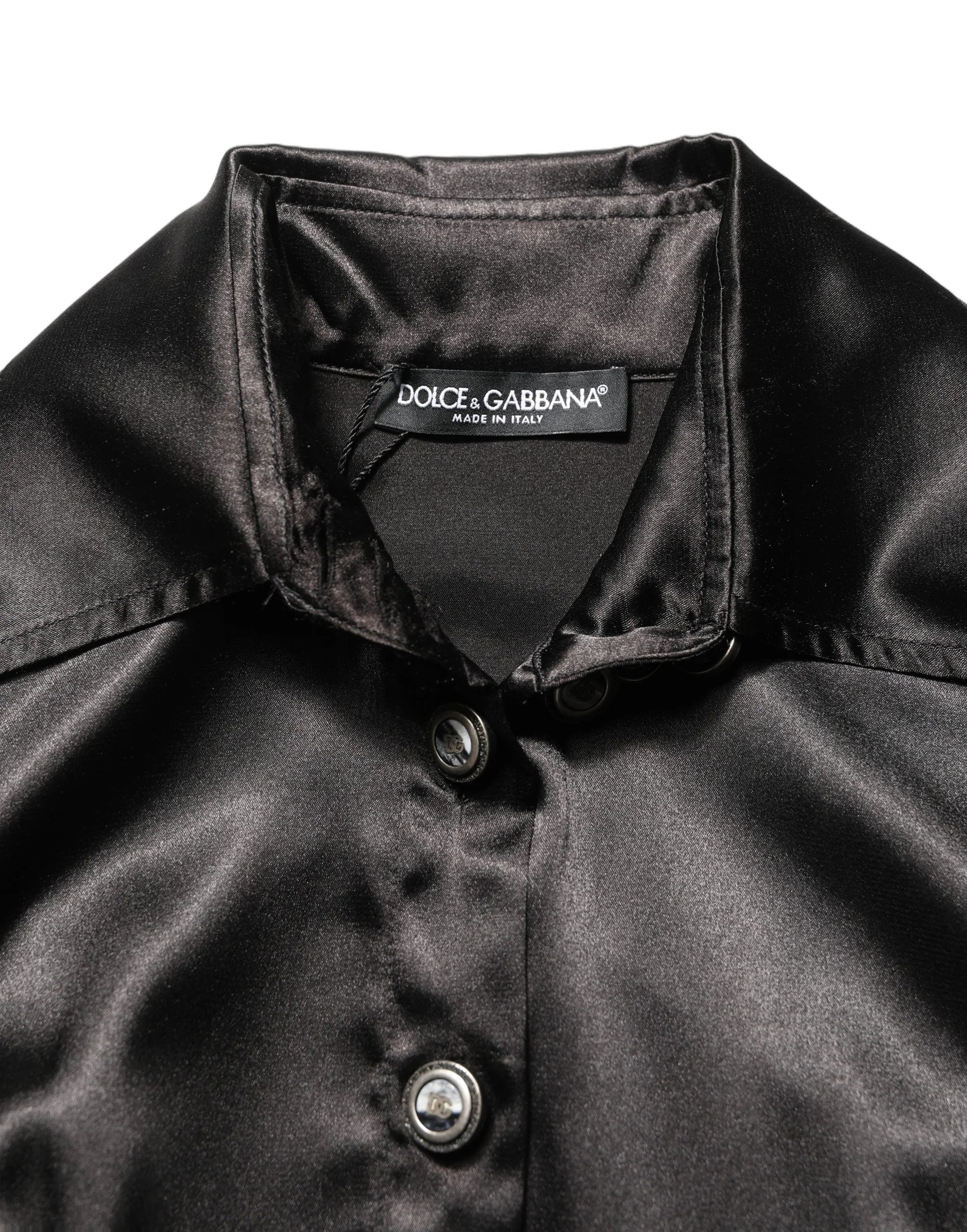 Dolce & Gabbana Black Satin Long Puff Sleeves Pleated Dress - IT40|S