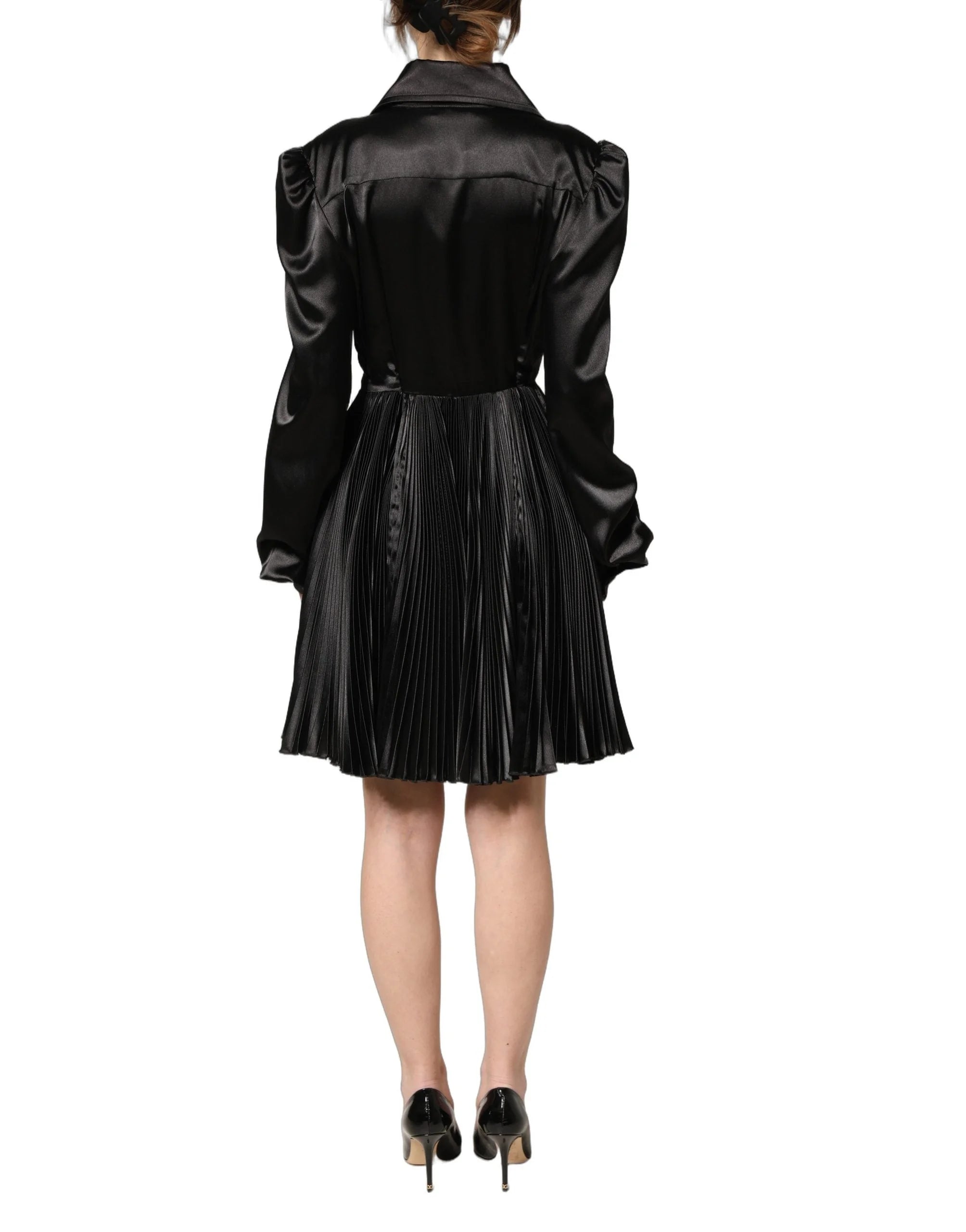 Dolce & Gabbana Black Satin Long Puff Sleeves Pleated Dress - IT40|S