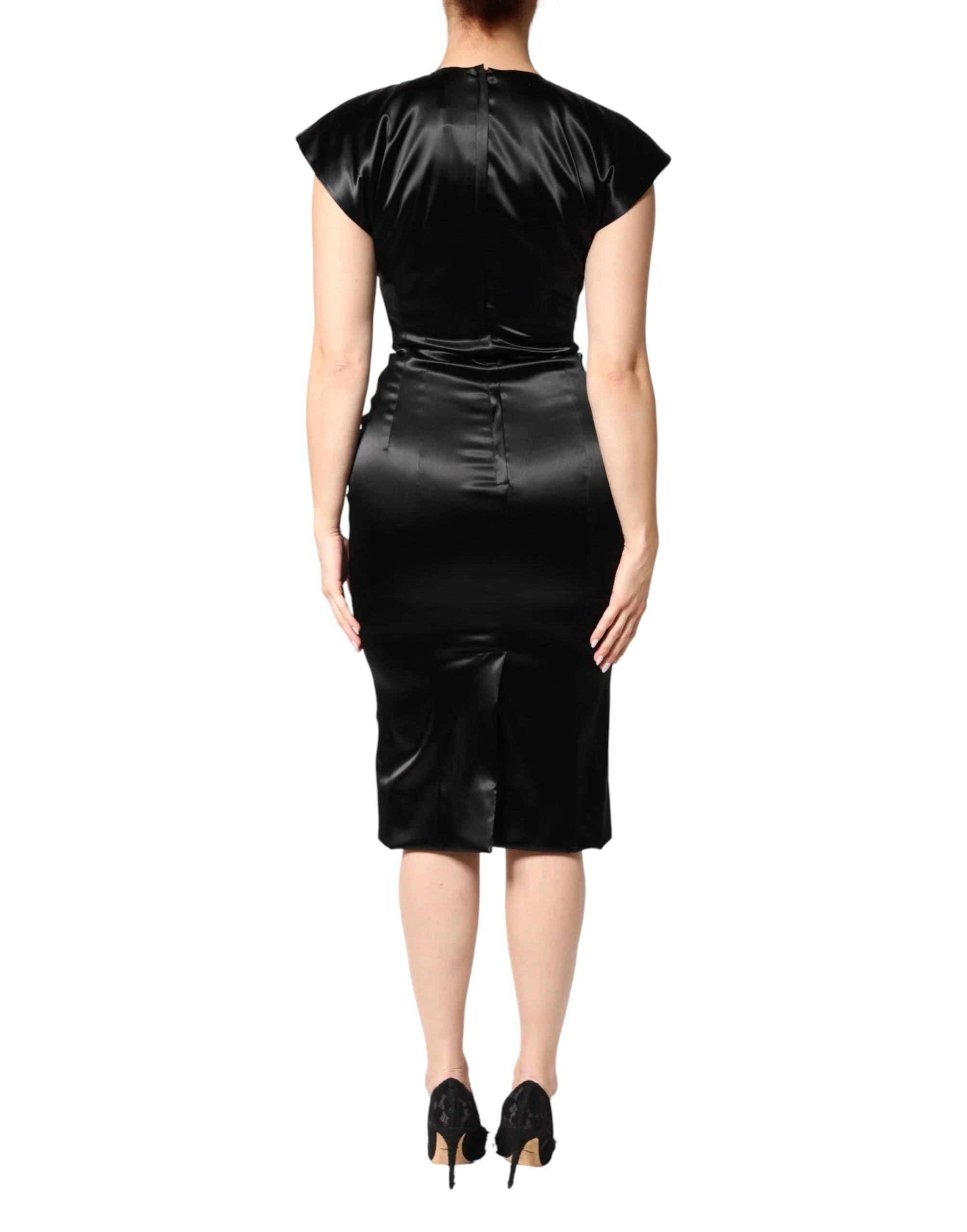 Dolce & Gabbana Black Satin Sheath Midi Cap Sleeves Dress - IT40|S