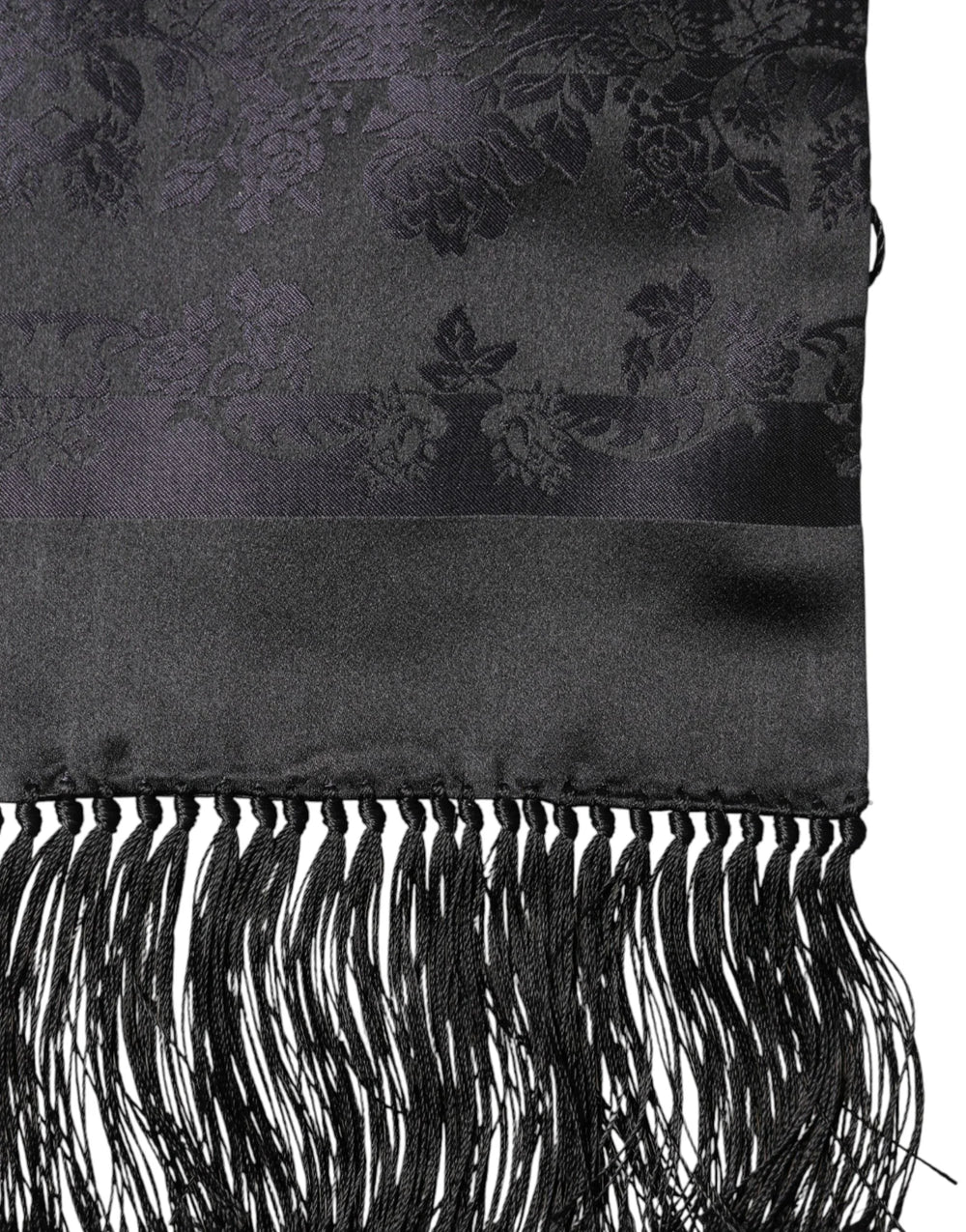 Dolce & Gabbana Black Satin Silk Fringes Neck Foulard Scarf