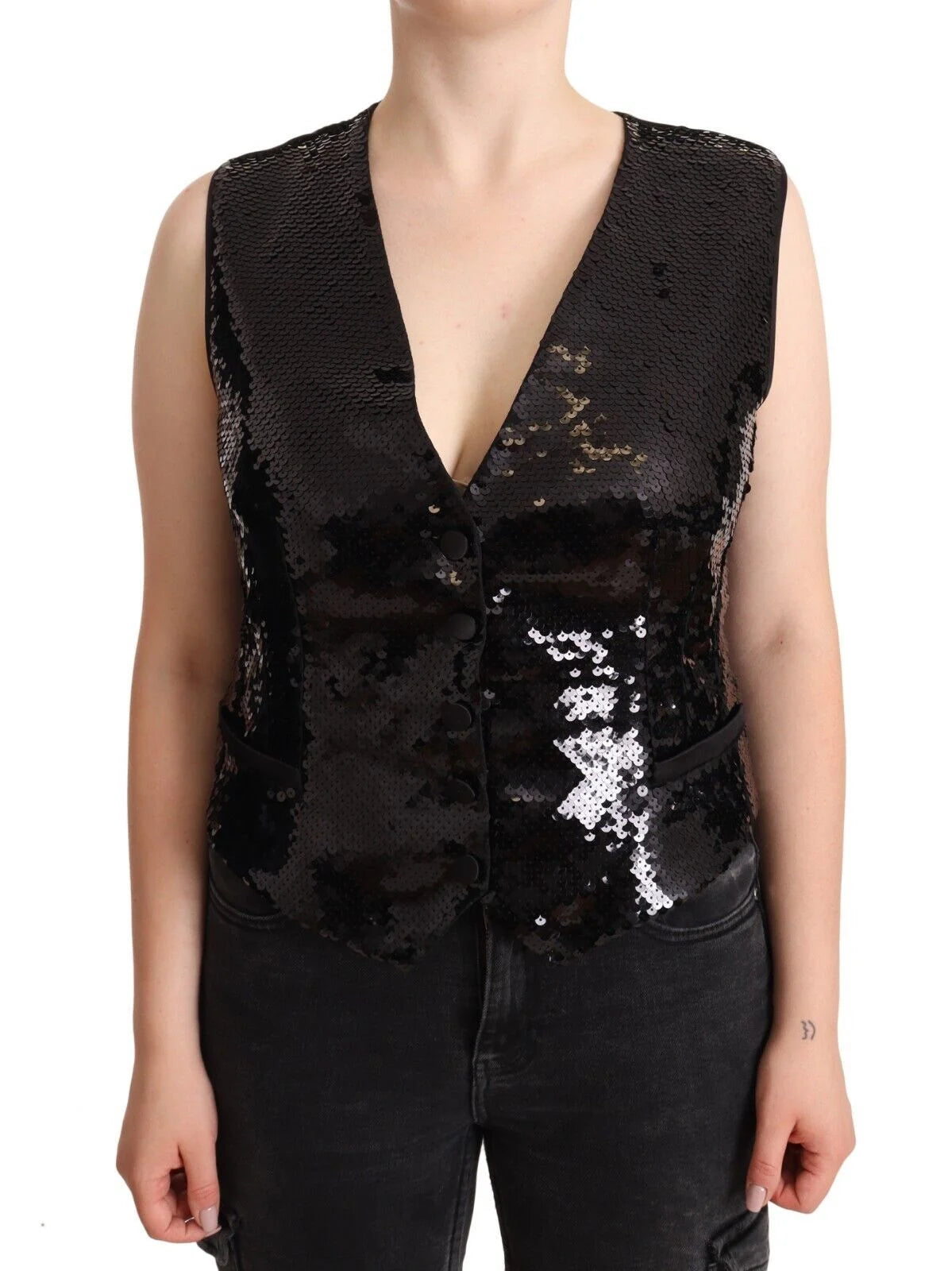 Dolce & Gabbana Black Sequin V-Neck Sleeveless Vest Tank Top - IT48|XXL - Tank Tops