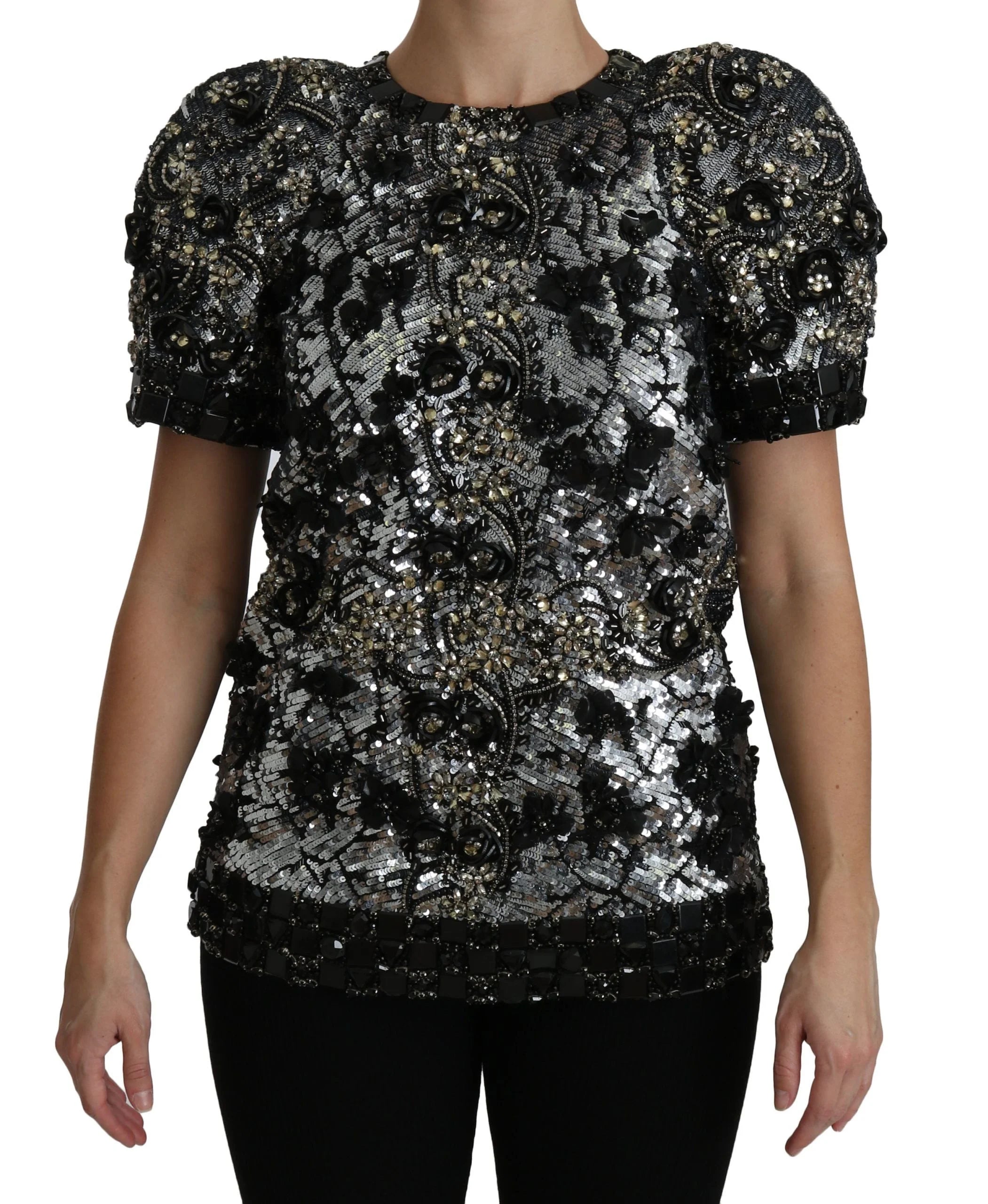 Dolce & Gabbana Black Sequined Crystal Embellished Top Blouse - IT38|XS - Blouses