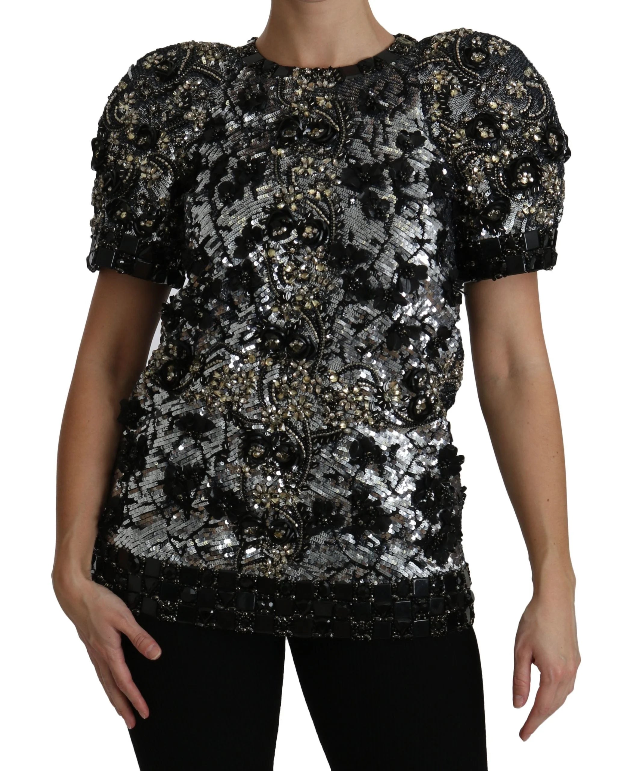 Dolce & Gabbana Black Sequined Crystal Embellished Top Blouse - IT38|XS - Blouses