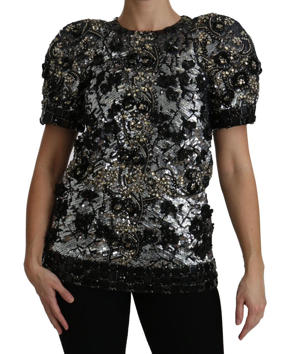 Dolce & Gabbana Black Sequined Crystal Embellished Top Blouse - IT38|XS - Blouses
