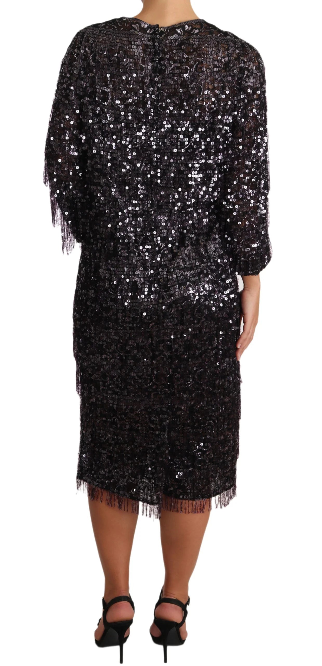 Dolce & Gabbana Black Sequined Long Sleeve Shift Midi Dress - IT42|M - Dresses
