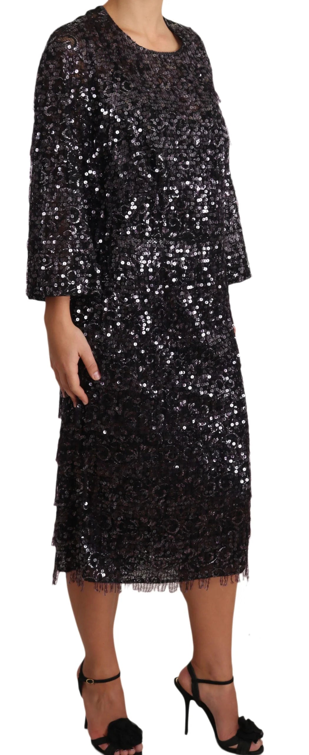Dolce & Gabbana Black Sequined Long Sleeve Shift Midi Dress - IT42|M - Dresses