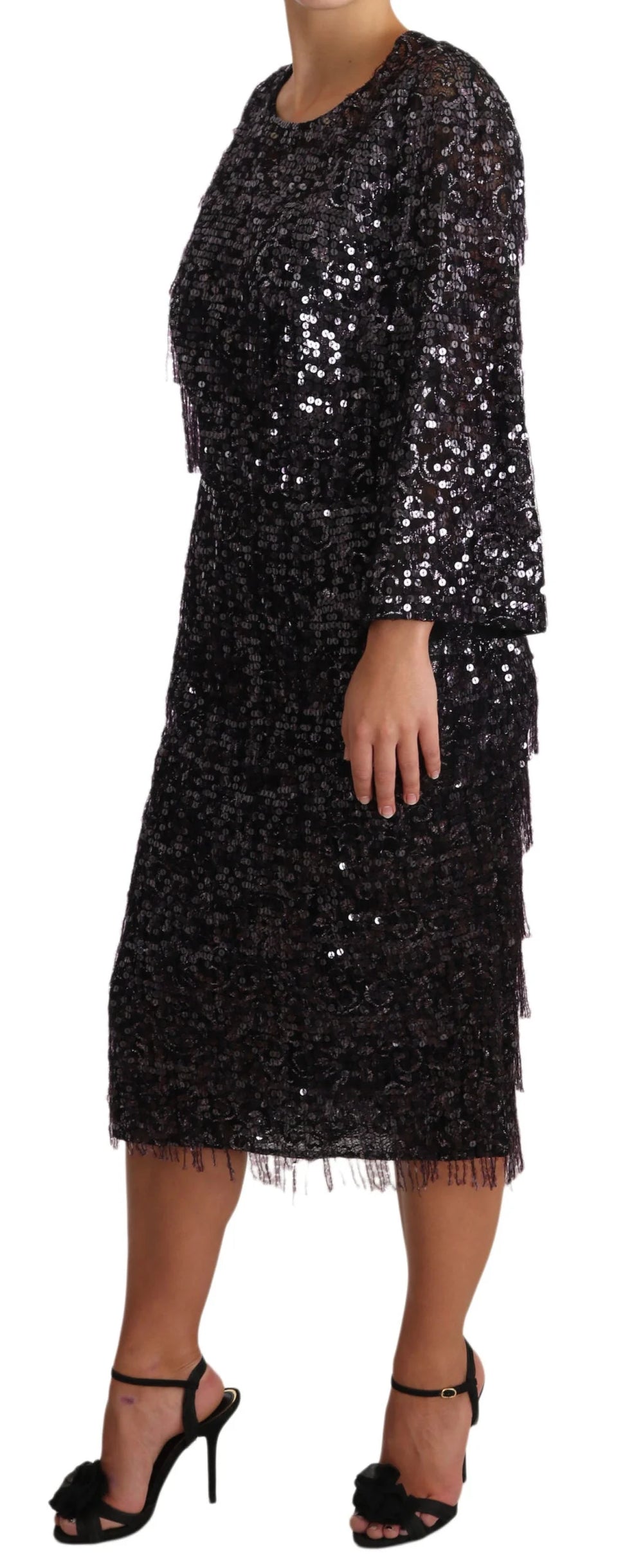 Dolce & Gabbana Black Sequined Long Sleeve Shift Midi Dress - IT42|M - Dresses