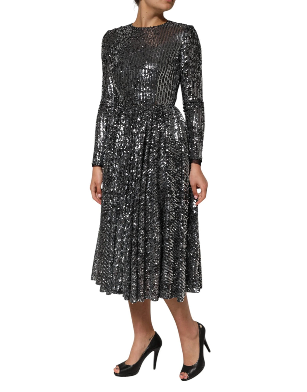 Dolce & Gabbana Black Sequined Long Sleeves Midi A-line Dress - IT40|S - Dresses