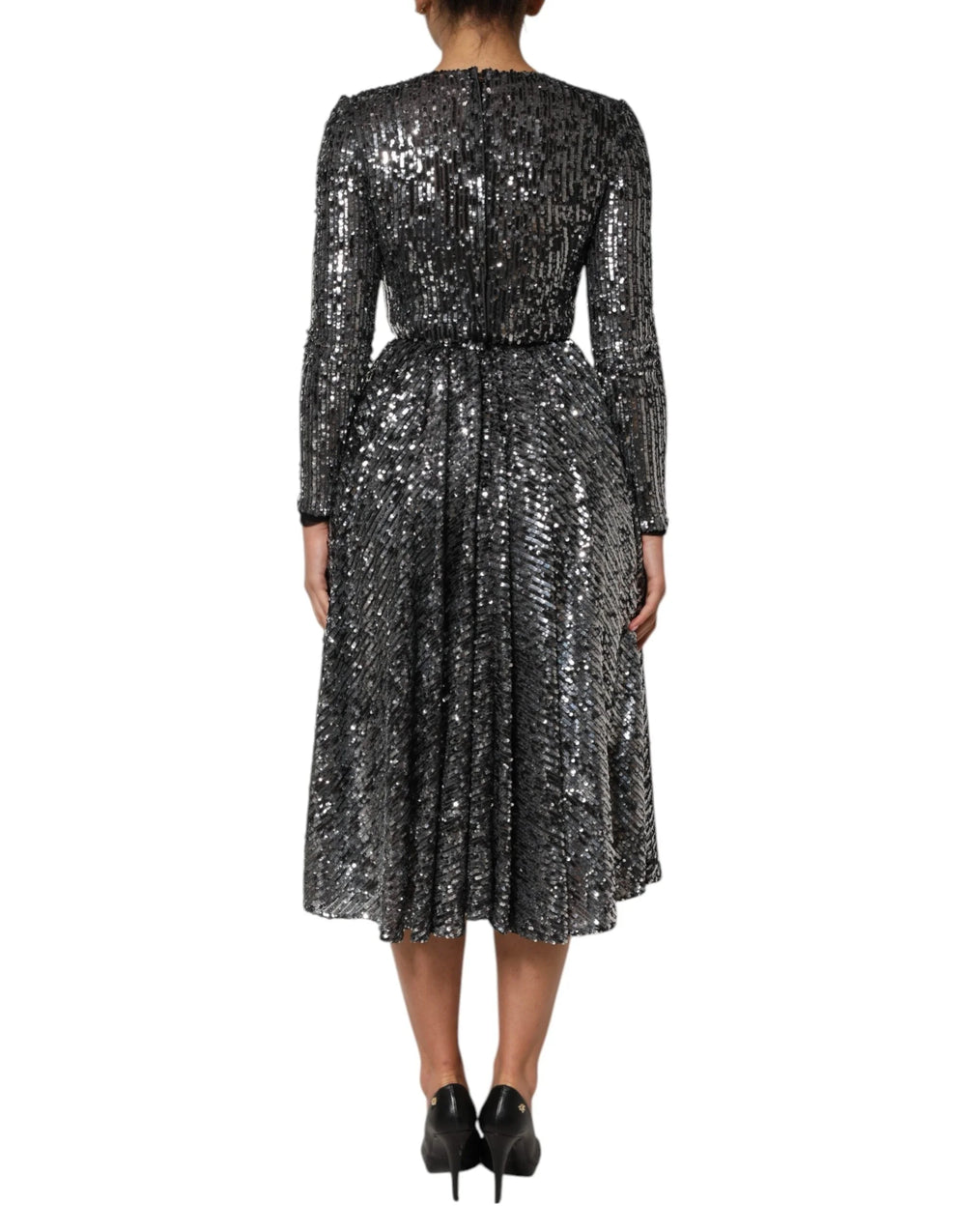 Dolce & Gabbana Black Sequined Long Sleeves Midi A-line Dress - IT40|S - Dresses