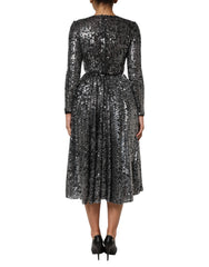 Dolce & Gabbana Black Sequined Long Sleeves Midi A-line Dress - IT40|S - Dresses