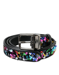 Dolce & Gabbana Black Sequined Silver Metal Buckle Women Belt - 90 cm / 36 Inches - Belts