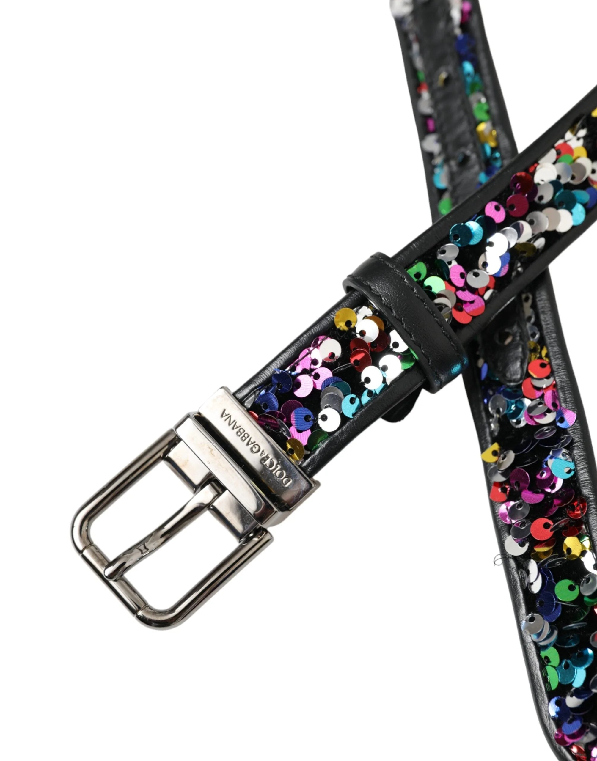 Dolce & Gabbana Black Sequined Silver Metal Buckle Women Belt - 90 cm / 36 Inches - Belts