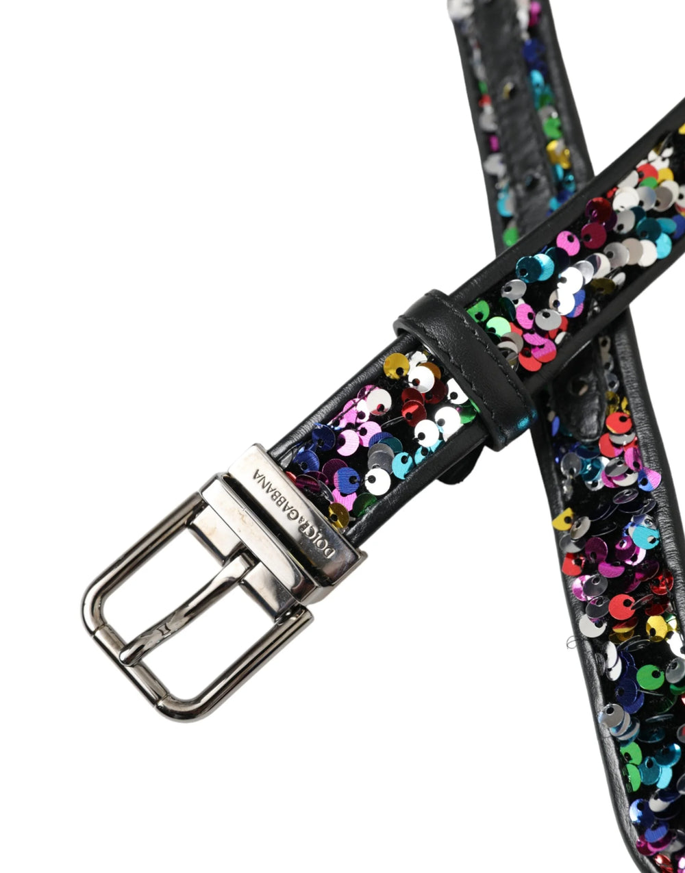Dolce & Gabbana Black Sequined Silver Metal Buckle Women Belt - 90 cm / 36 Inches - Belts