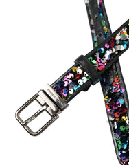 Dolce & Gabbana Black Sequined Silver Metal Buckle Women Belt - 90 cm / 36 Inches - Belts