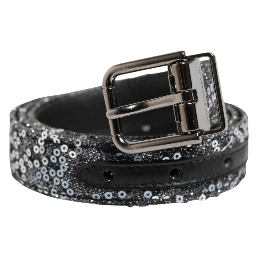 Dolce & Gabbana Black Sequins Silver Metal Logo Buckle Belt - 90 cm / 36 Inches - Belts