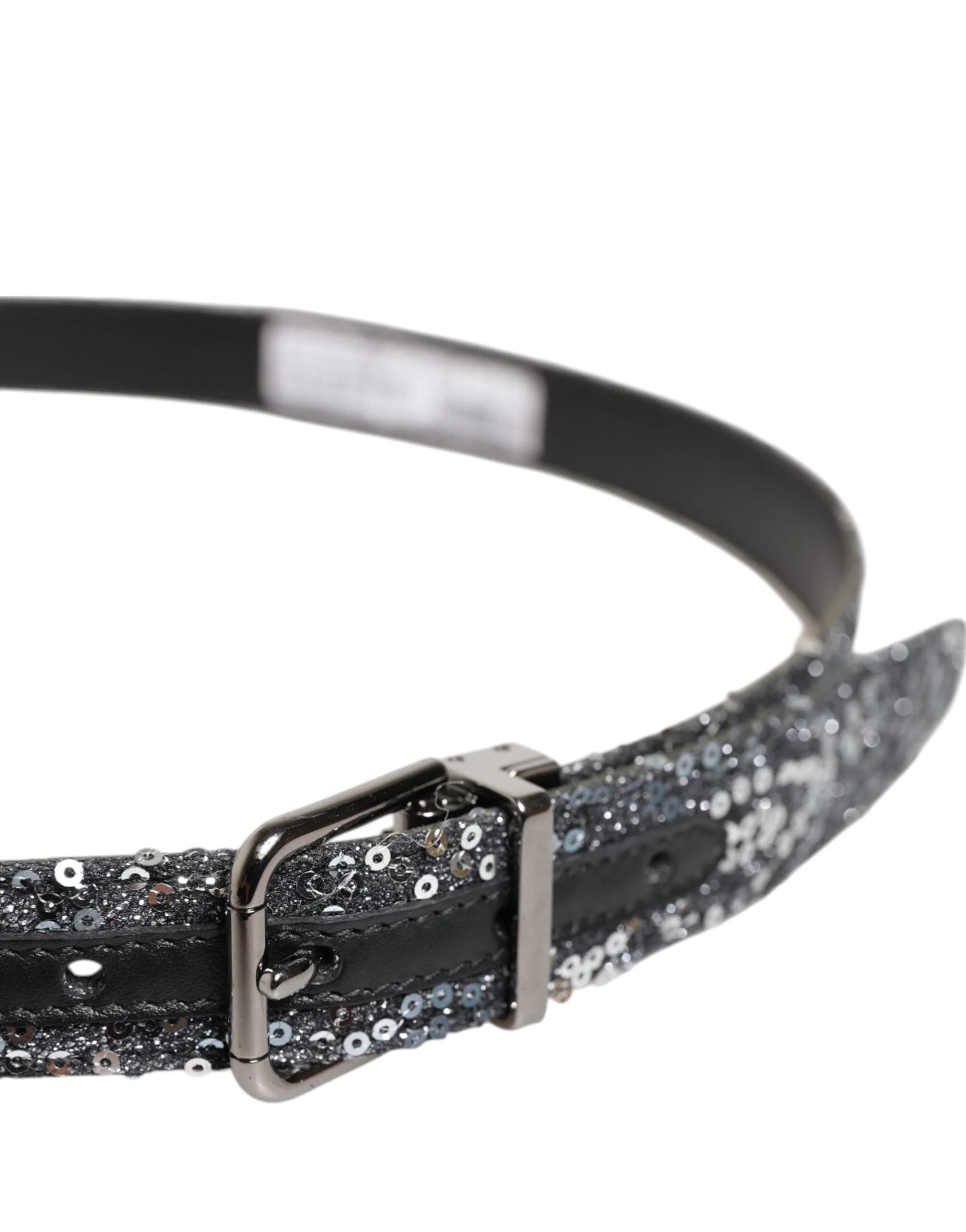 Dolce & Gabbana Black Sequins Silver Metal Logo Buckle Belt - 90 cm / 36 Inches - Belts