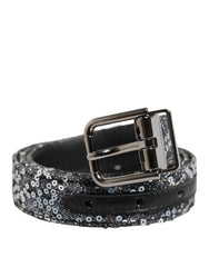 Dolce & Gabbana Black Sequins Silver Metal Logo Buckle Belt - 90 cm / 36 Inches - Belts