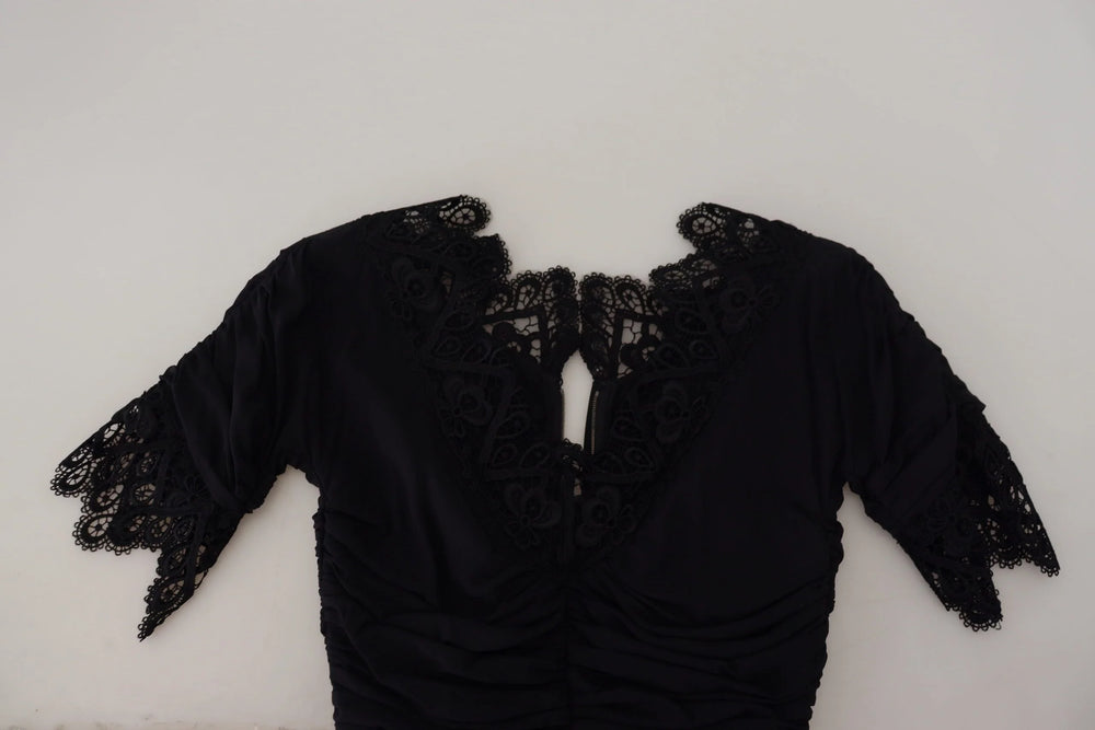 Dolce & Gabbana Black Sheath Midi Bodycon Lace Silk Dress - Dresses