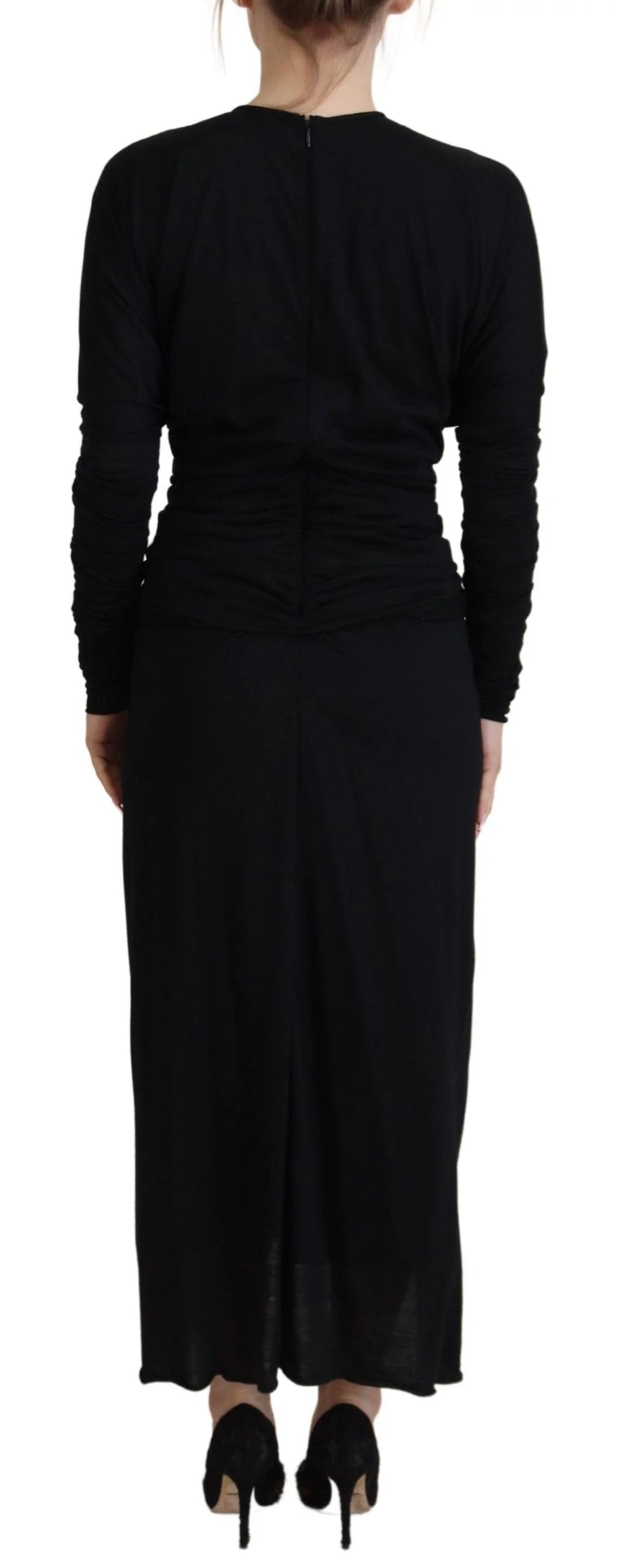 Dolce & Gabbana Black Sheath Midi Gown Wool Wrap Dress - Dresses