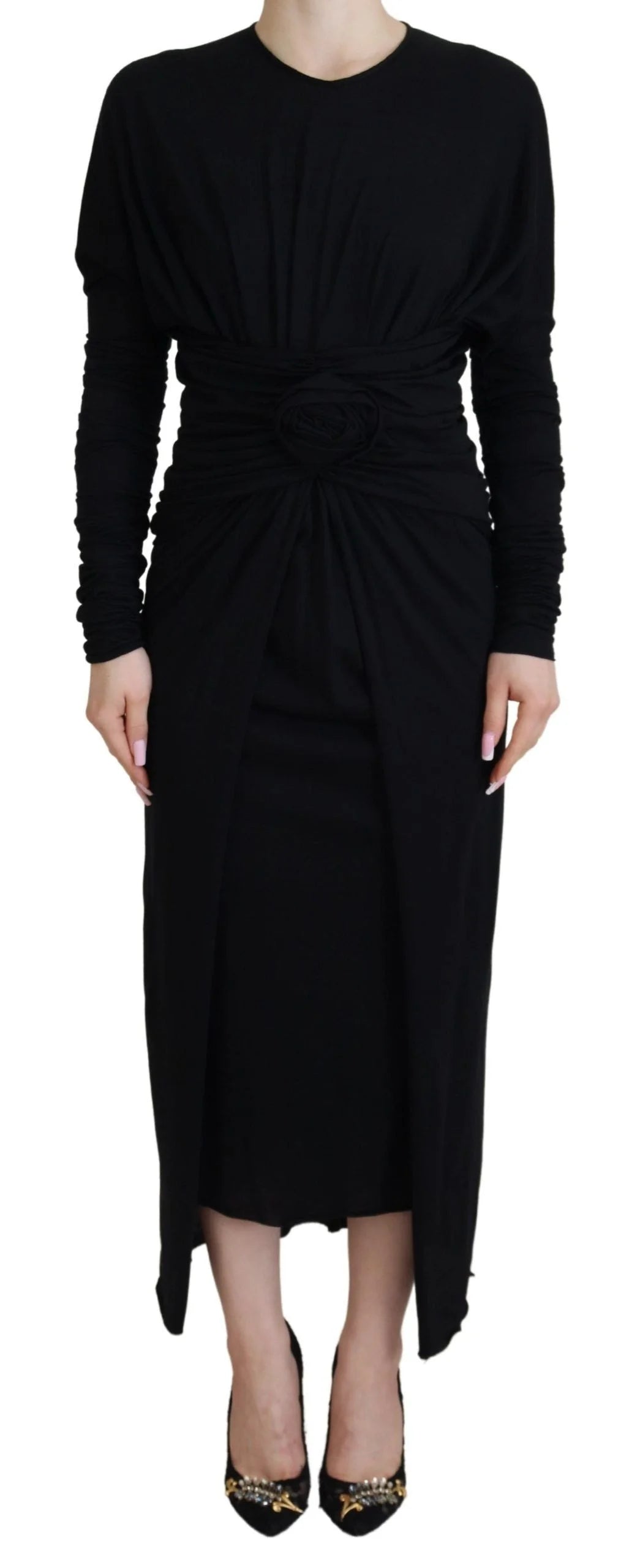 Dolce & Gabbana Black Sheath Midi Gown Wool Wrap Dress - Dresses