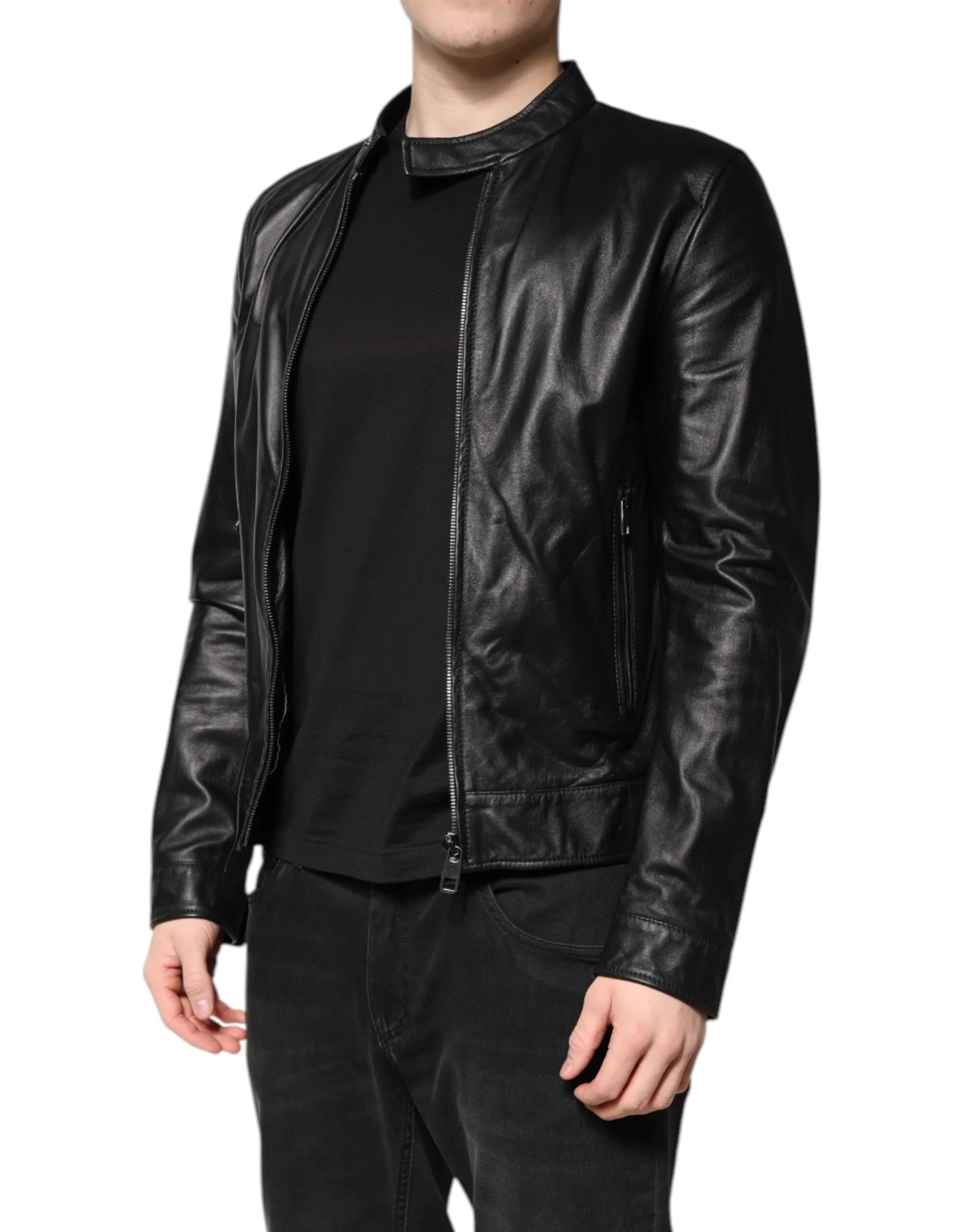 Dolce & Gabbana Black Sheep Leather Biker Full Zip Jacket - IT46 | S