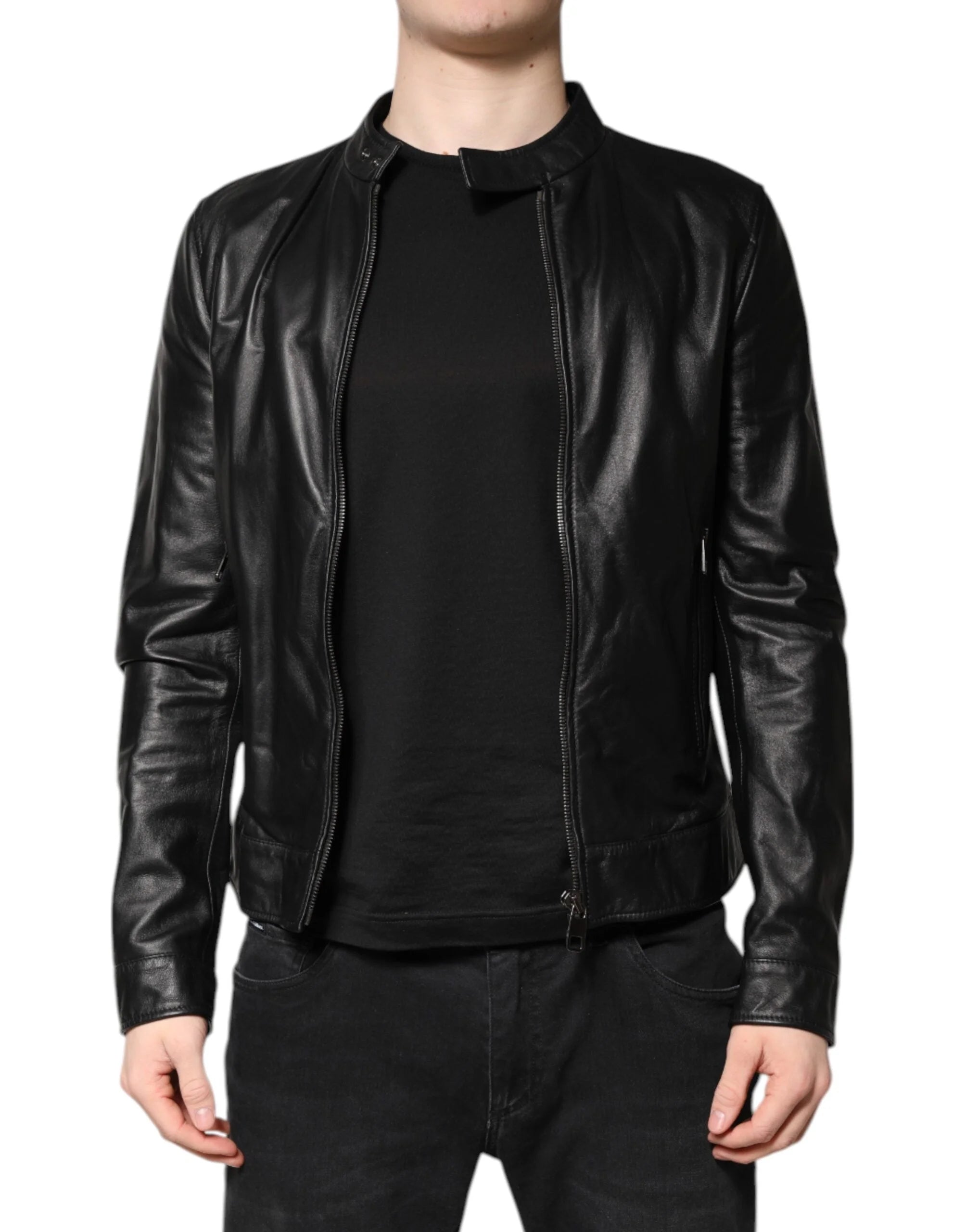 Dolce & Gabbana Black Sheep Leather Biker Full Zip Jacket - IT46 | S