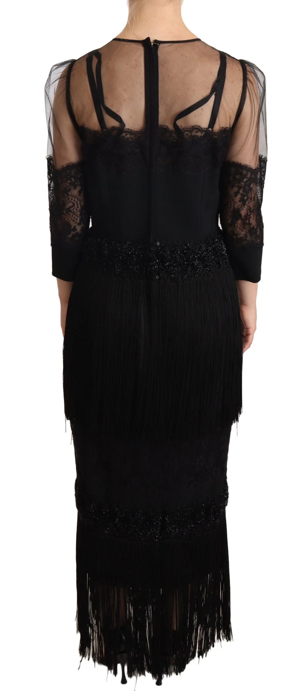 Dolce & Gabbana Black Sheer Floral Lace Crystal Maxi Dress - IT44|L - Dresses