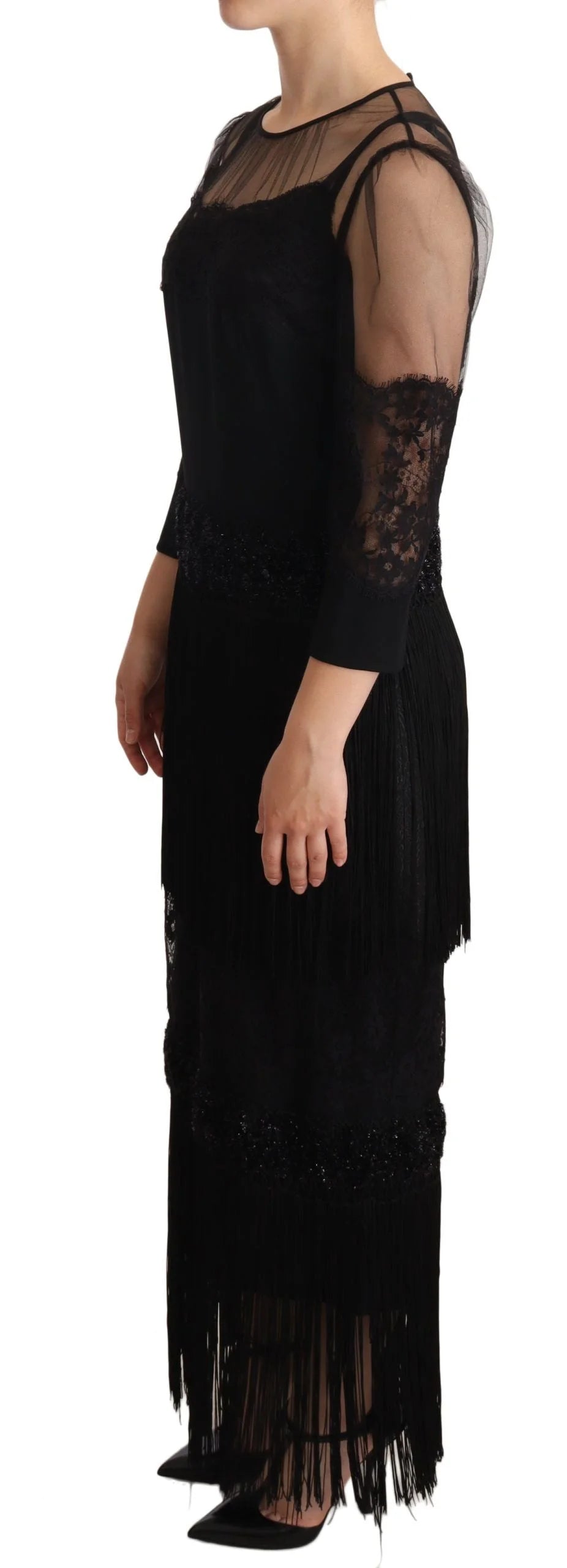 Dolce & Gabbana Black Sheer Floral Lace Crystal Maxi Dress - IT44|L - Dresses