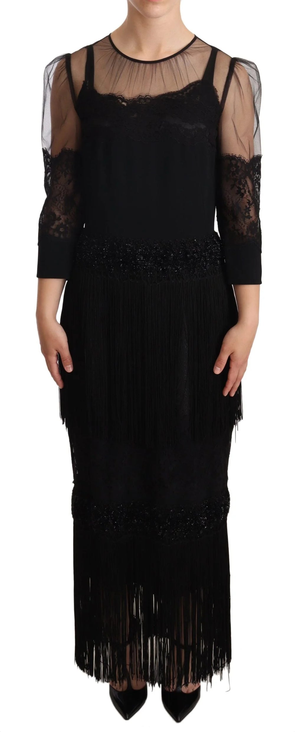 Dolce & Gabbana Black Sheer Floral Lace Crystal Maxi Dress - IT44|L - Dresses