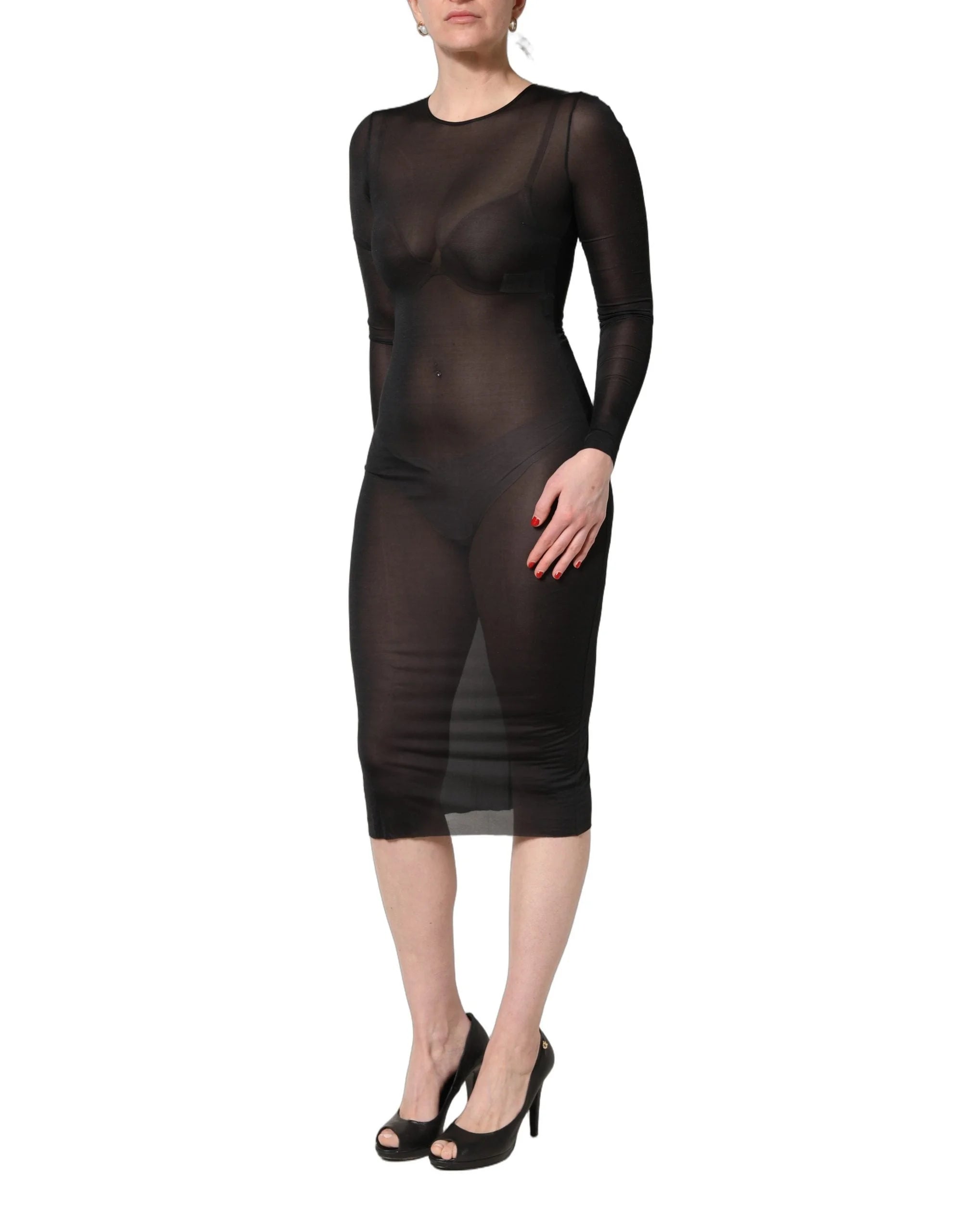 Dolce & Gabbana Black Sheer Long Sleeves Sheath Midi Dress - IT40|S