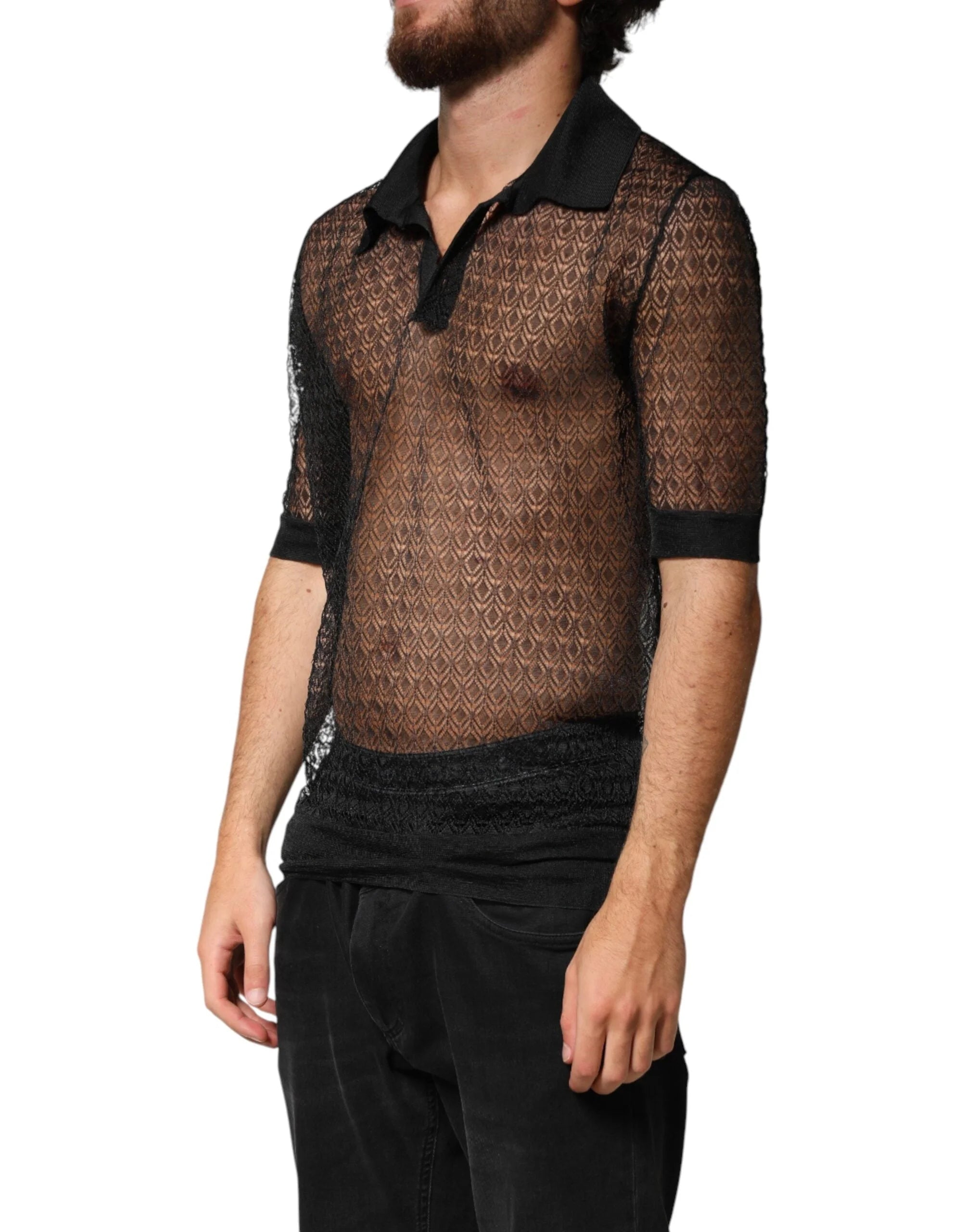 Dolce & Gabbana Black Sheer Short Sleeves Casual Polo Top - IT48 | M