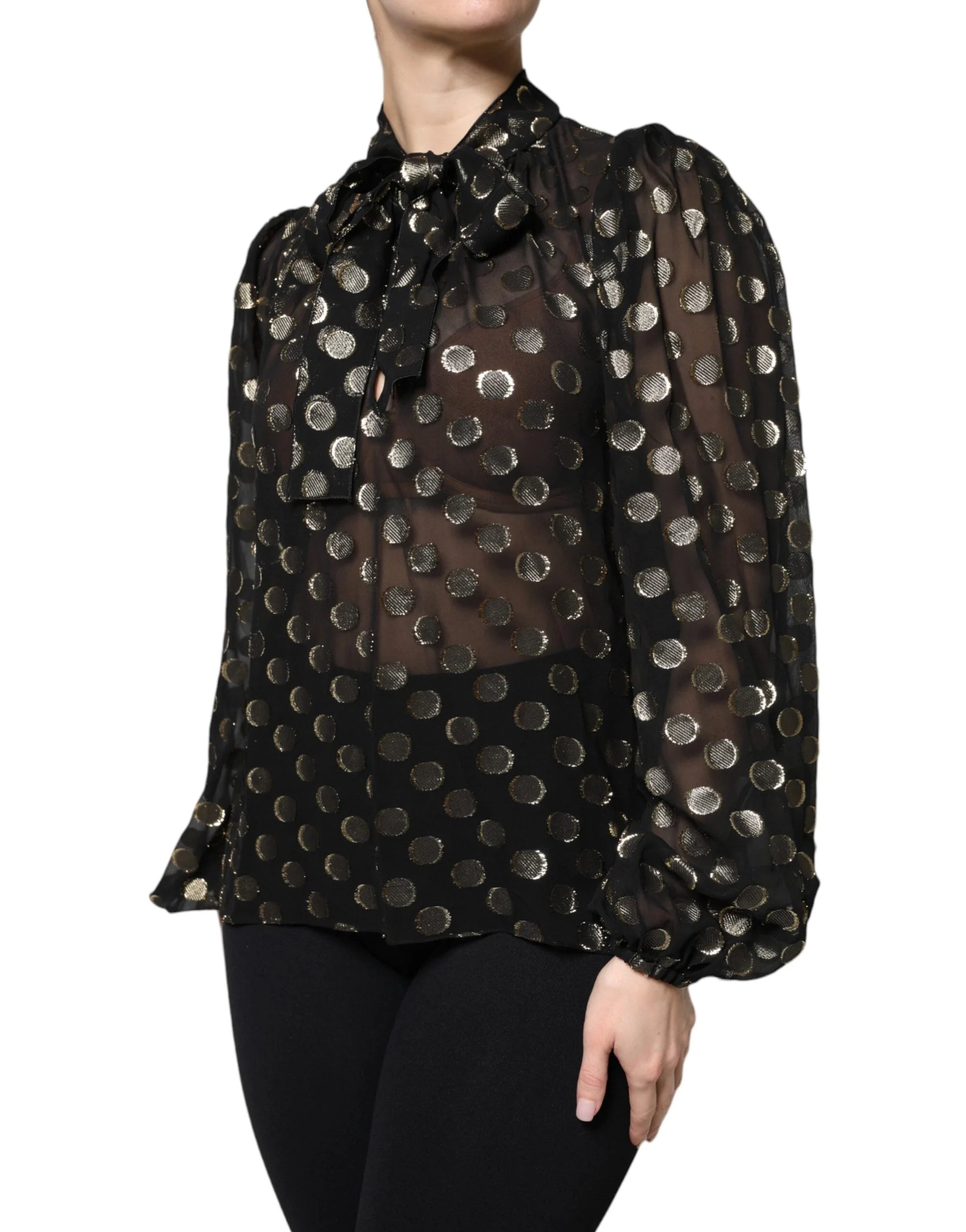 Dolce & Gabbana Black Sheer Tied Neck Polka Dots Blouse Top - Blouses