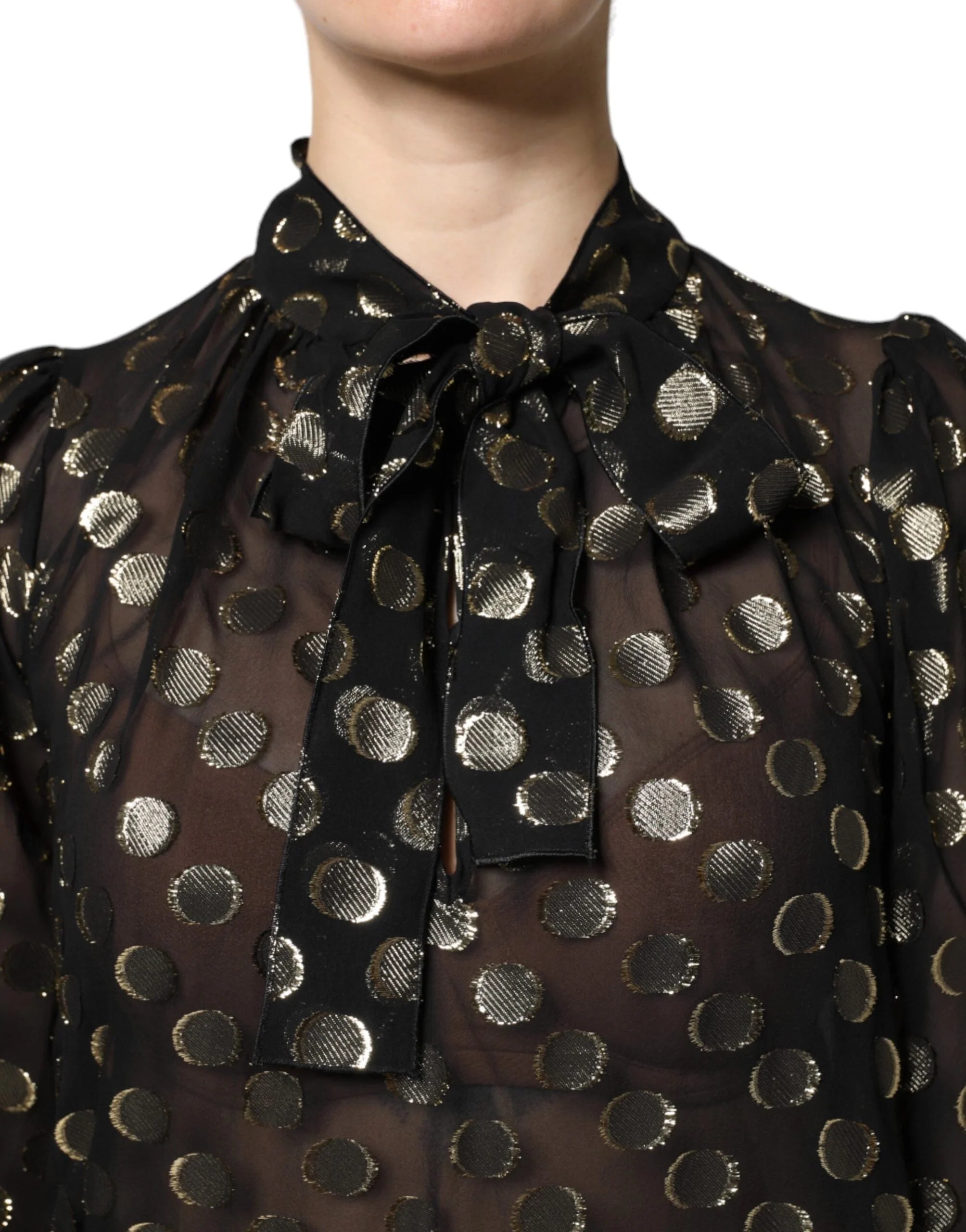 Dolce & Gabbana Black Sheer Tied Neck Polka Dots Blouse Top - Blouses