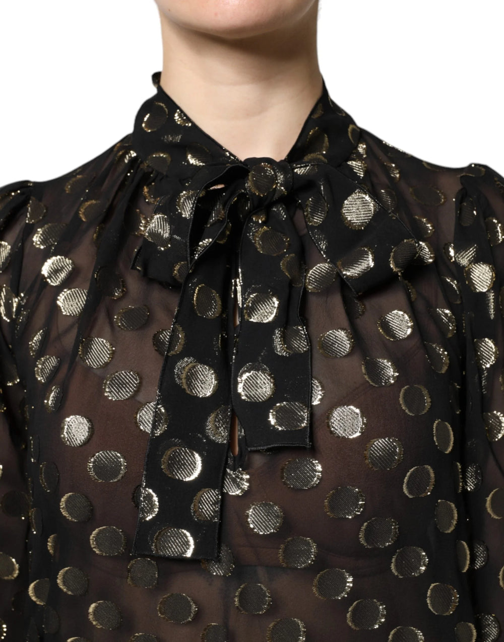 Dolce & Gabbana Black Sheer Tied Neck Polka Dots Blouse Top - Blouses