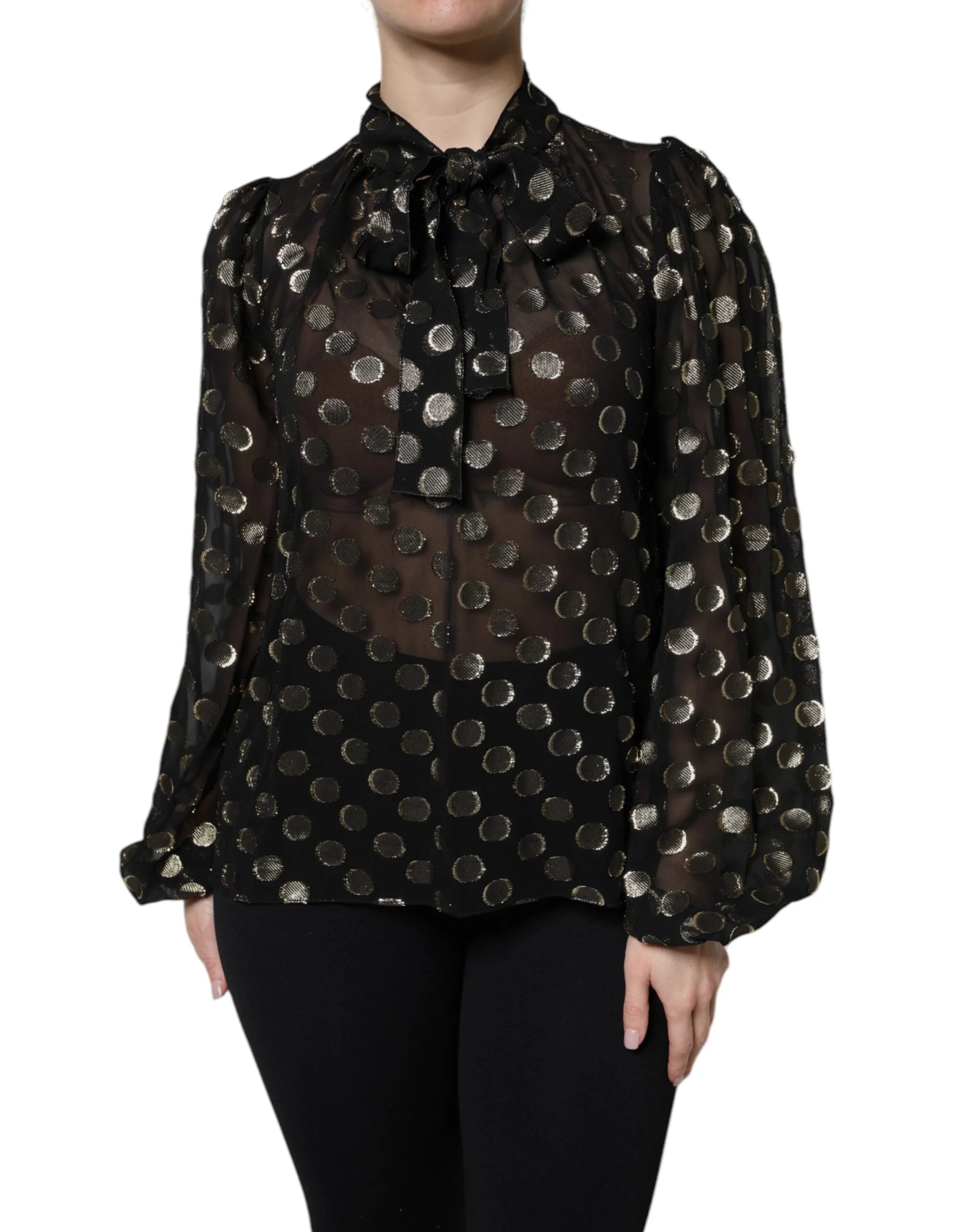 Dolce & Gabbana Black Sheer Tied Neck Polka Dots Blouse Top - Blouses
