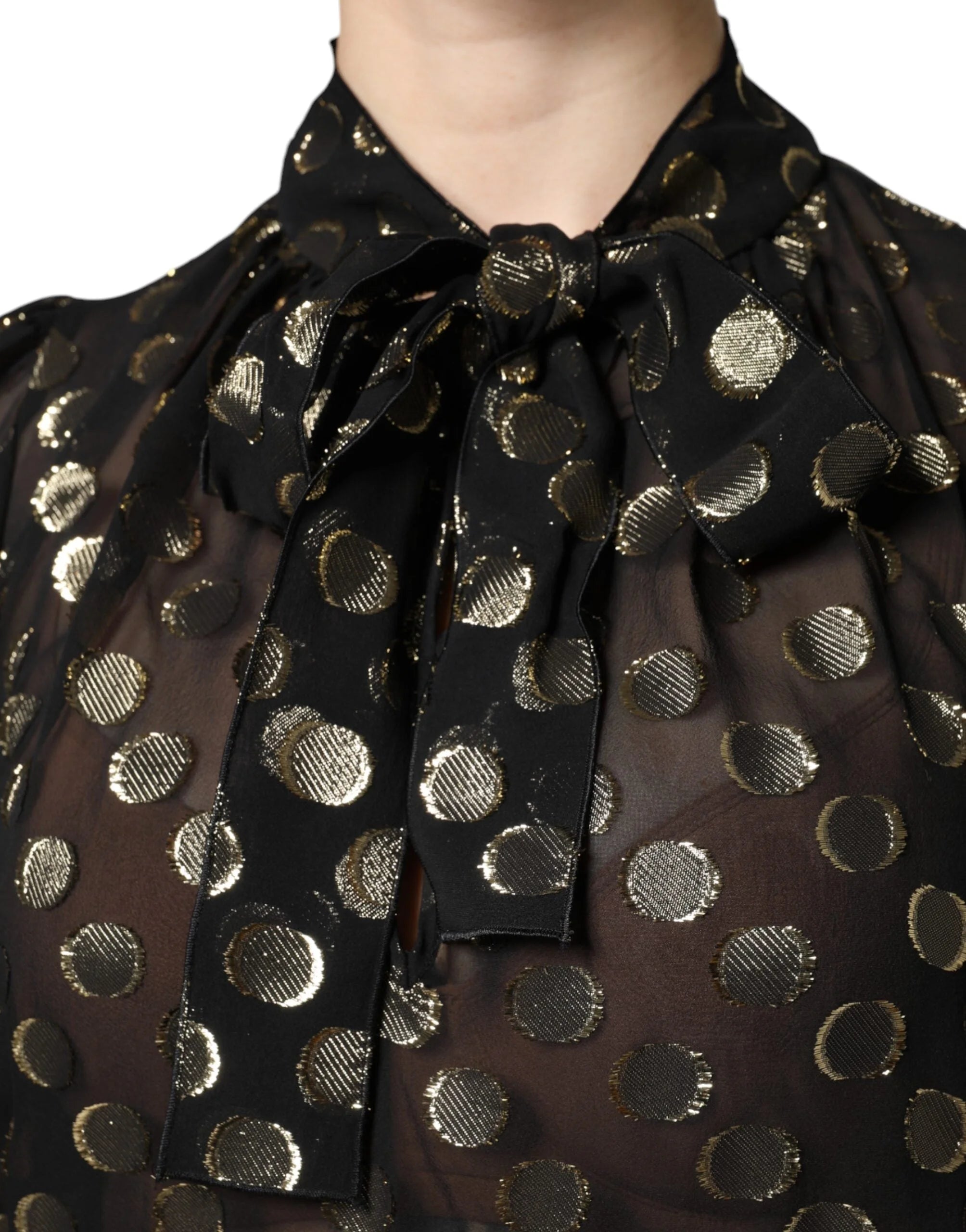 Dolce & Gabbana Black Sheer Tied Neck Polka Dots Blouse Top - Blouses