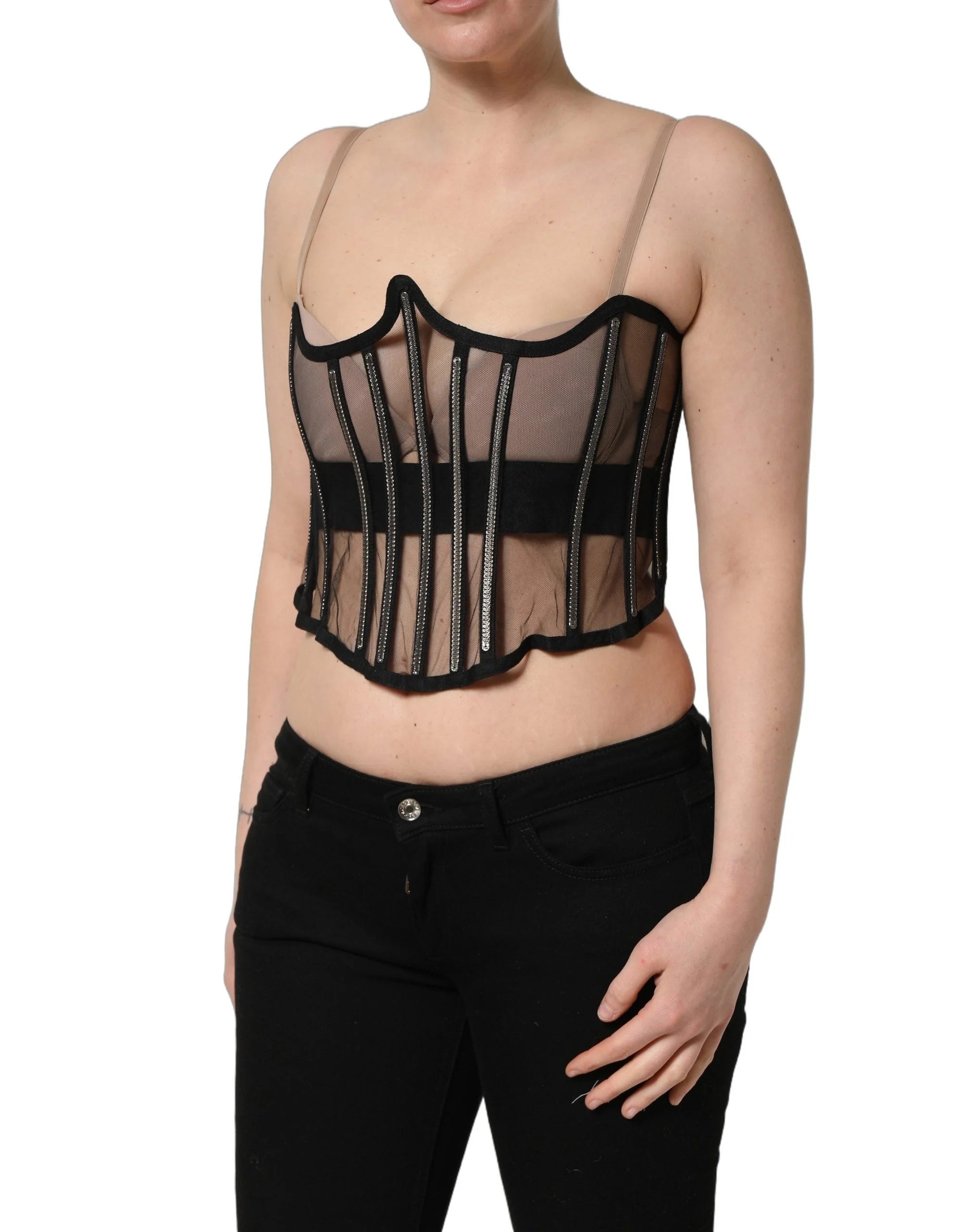 Dolce & Gabbana Black Sheer Tulle Bodysuit Cropped Corset Top - IT40|S
