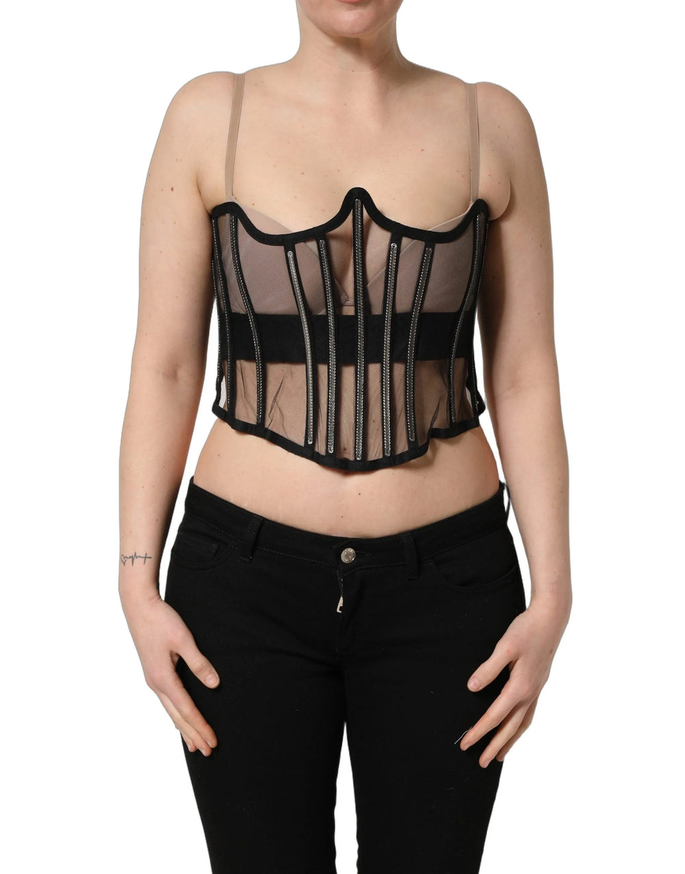 Dolce & Gabbana Black Sheer Tulle Bodysuit Cropped Corset Top - IT40|S