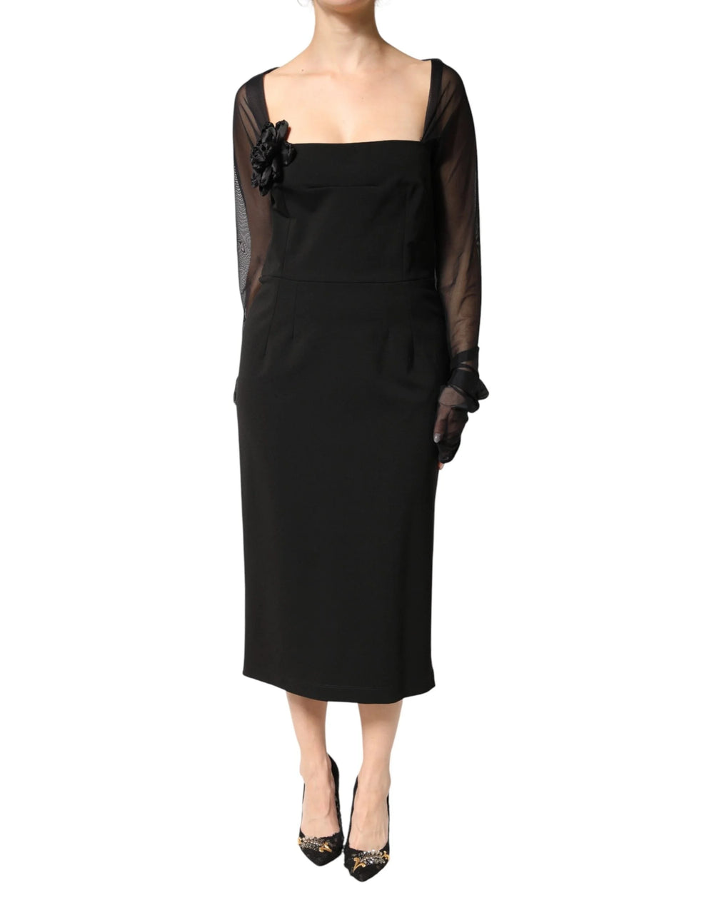 Dolce & Gabbana Black Sheer Yoke Rosette Sheath Midi Dress - IT48|XXL