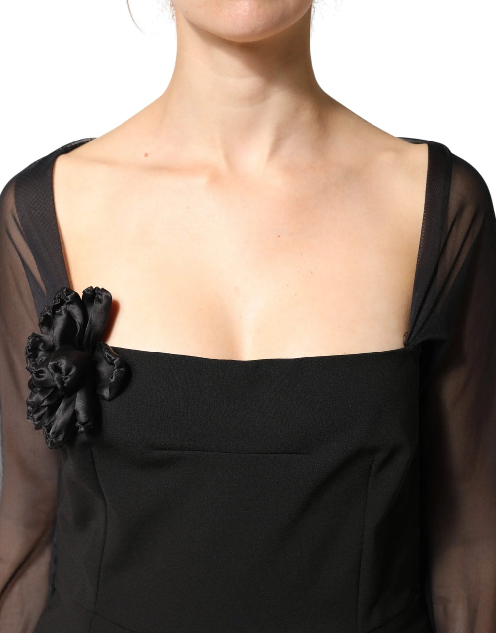 Dolce & Gabbana Black Sheer Yoke Rosette Sheath Midi Dress - IT48|XXL